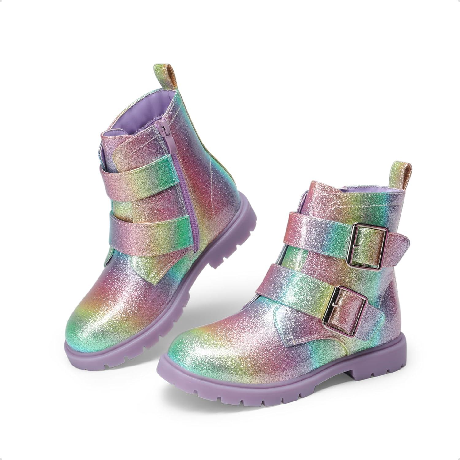 imageDREAM PAIRS Girls Boys Glitter Ankle Boots Side Zipper Combat Shoes with Buckles ToddlerLittle KidBig KidRainbow