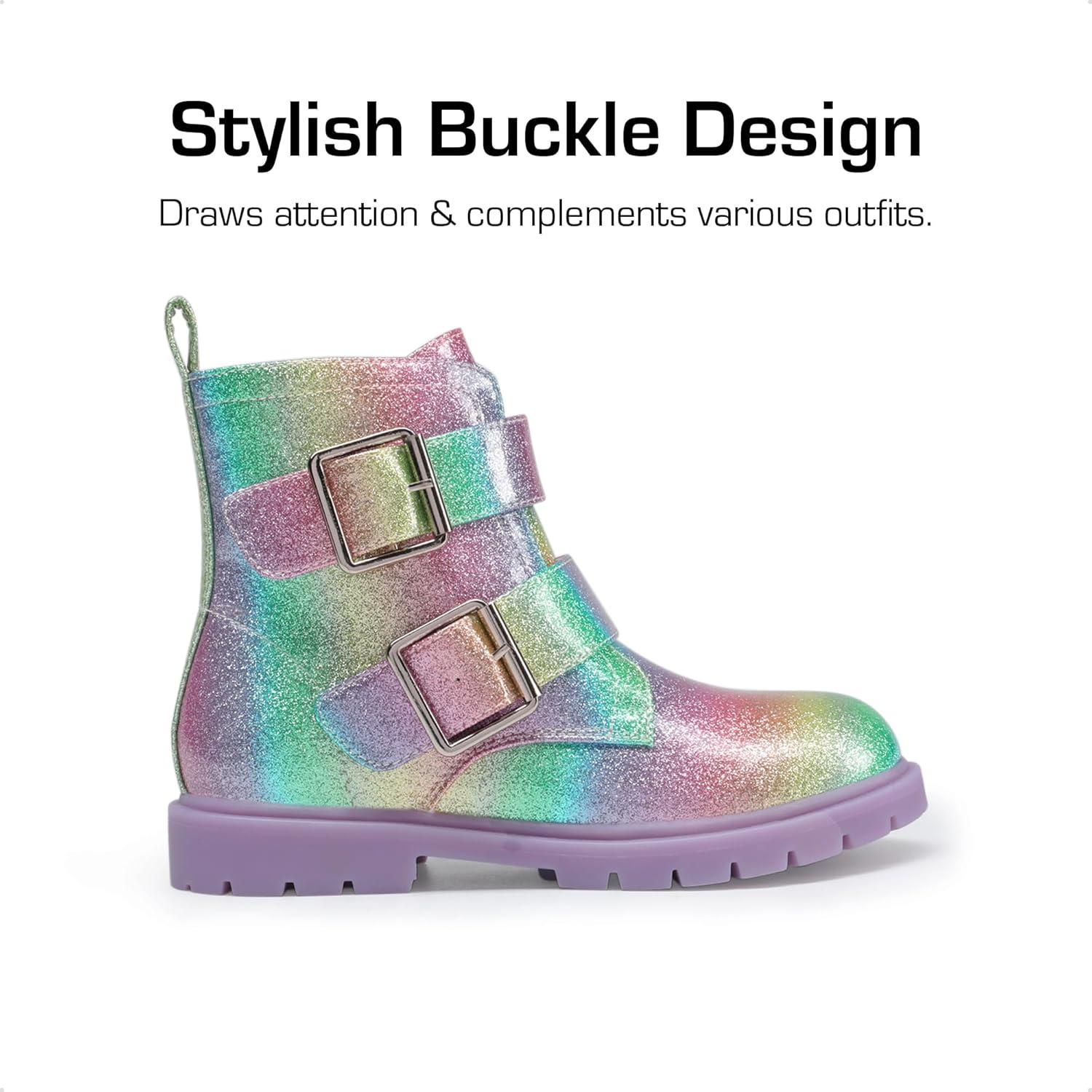 imageDREAM PAIRS Girls Boys Glitter Ankle Boots Side Zipper Combat Shoes with Buckles ToddlerLittle KidBig KidRainbow