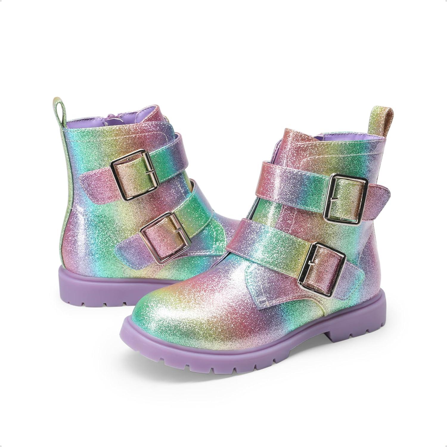 imageDREAM PAIRS Girls Boys Glitter Ankle Boots Side Zipper Combat Shoes with Buckles ToddlerLittle KidBig KidRainbow