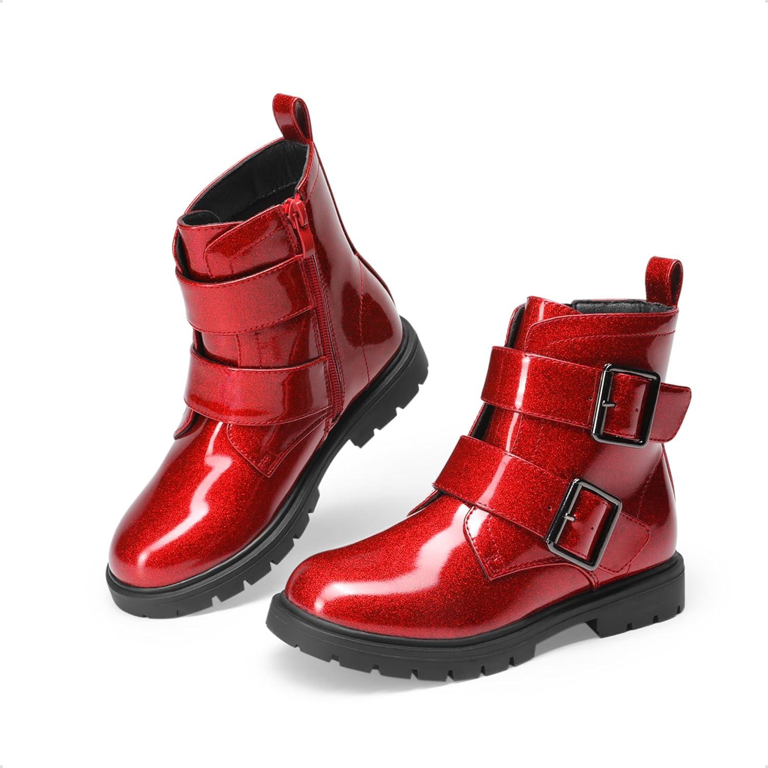 imageDREAM PAIRS Girls Boys Glitter Ankle Boots Side Zipper Combat Shoes with Buckles ToddlerLittle KidBig KidRed