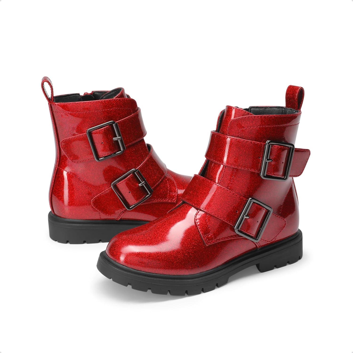 imageDREAM PAIRS Girls Boys Glitter Ankle Boots Side Zipper Combat Shoes with Buckles ToddlerLittle KidBig KidRed