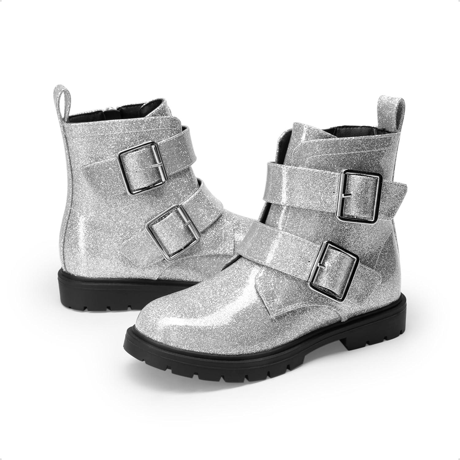 imageDREAM PAIRS Girls Boys Glitter Ankle Boots Side Zipper Combat Shoes with Buckles ToddlerLittle KidBig KidSilver