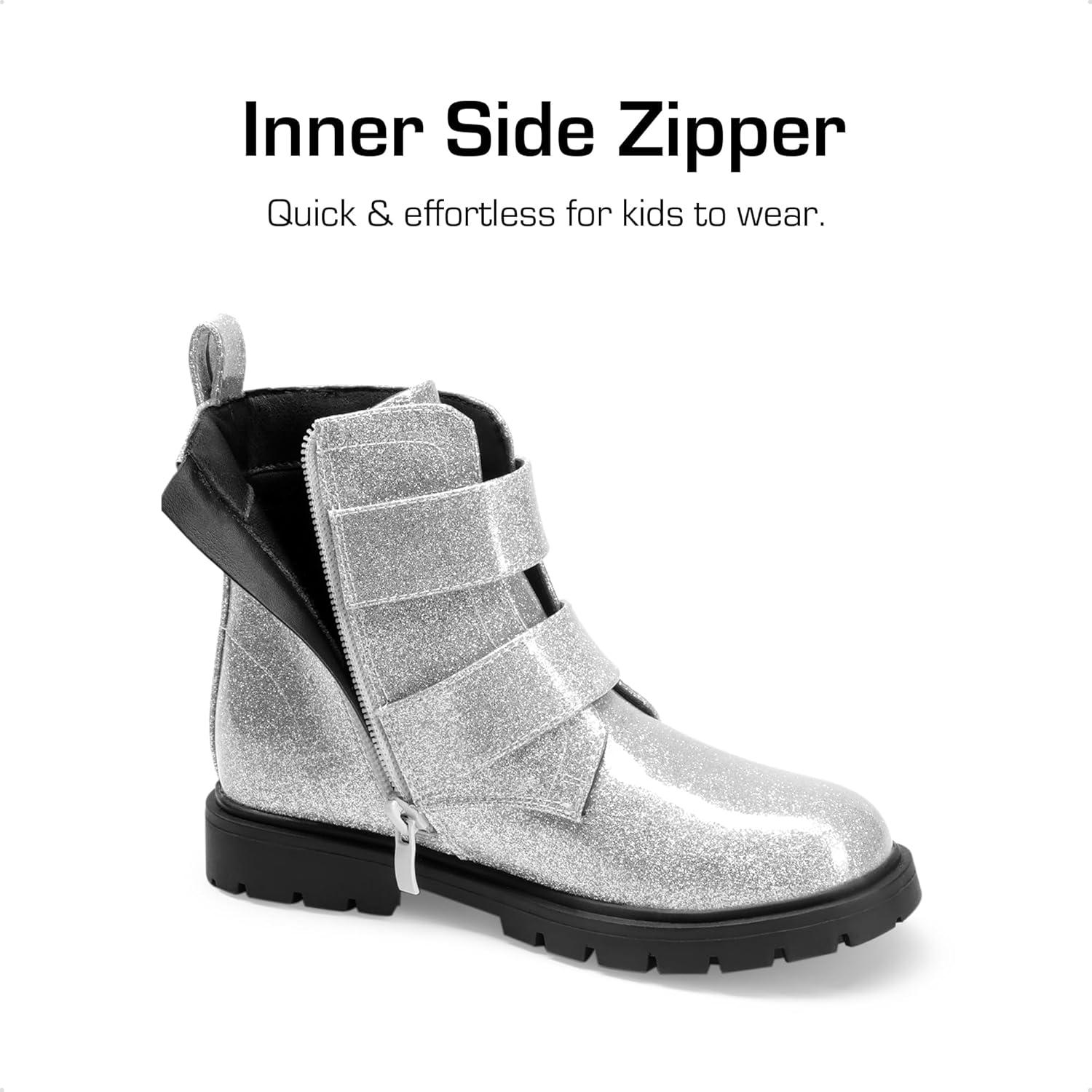 imageDREAM PAIRS Girls Boys Glitter Ankle Boots Side Zipper Combat Shoes with Buckles ToddlerLittle KidBig KidSilver