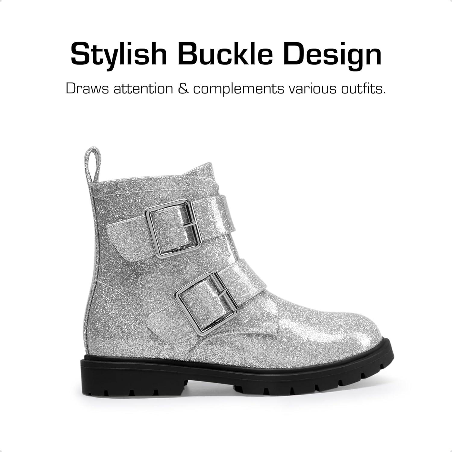 imageDREAM PAIRS Girls Boys Glitter Ankle Boots Side Zipper Combat Shoes with Buckles ToddlerLittle KidBig KidSilver