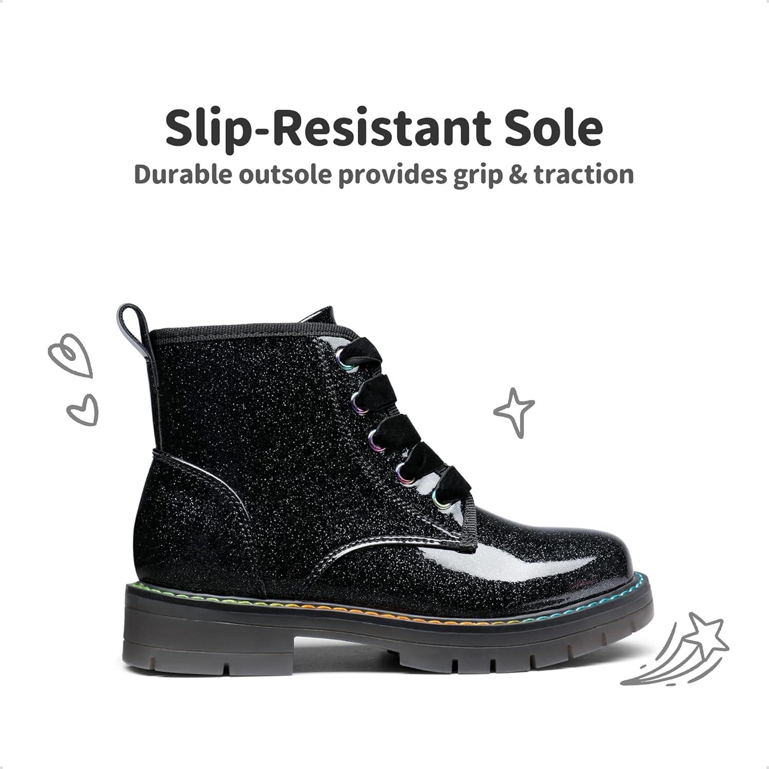 imageDREAM PAIRS Girls Boys Glitter Ankle Boots Side Zipper Combat Shoes with Lace Up for ToddlerLittle KidBig KidBlackPu