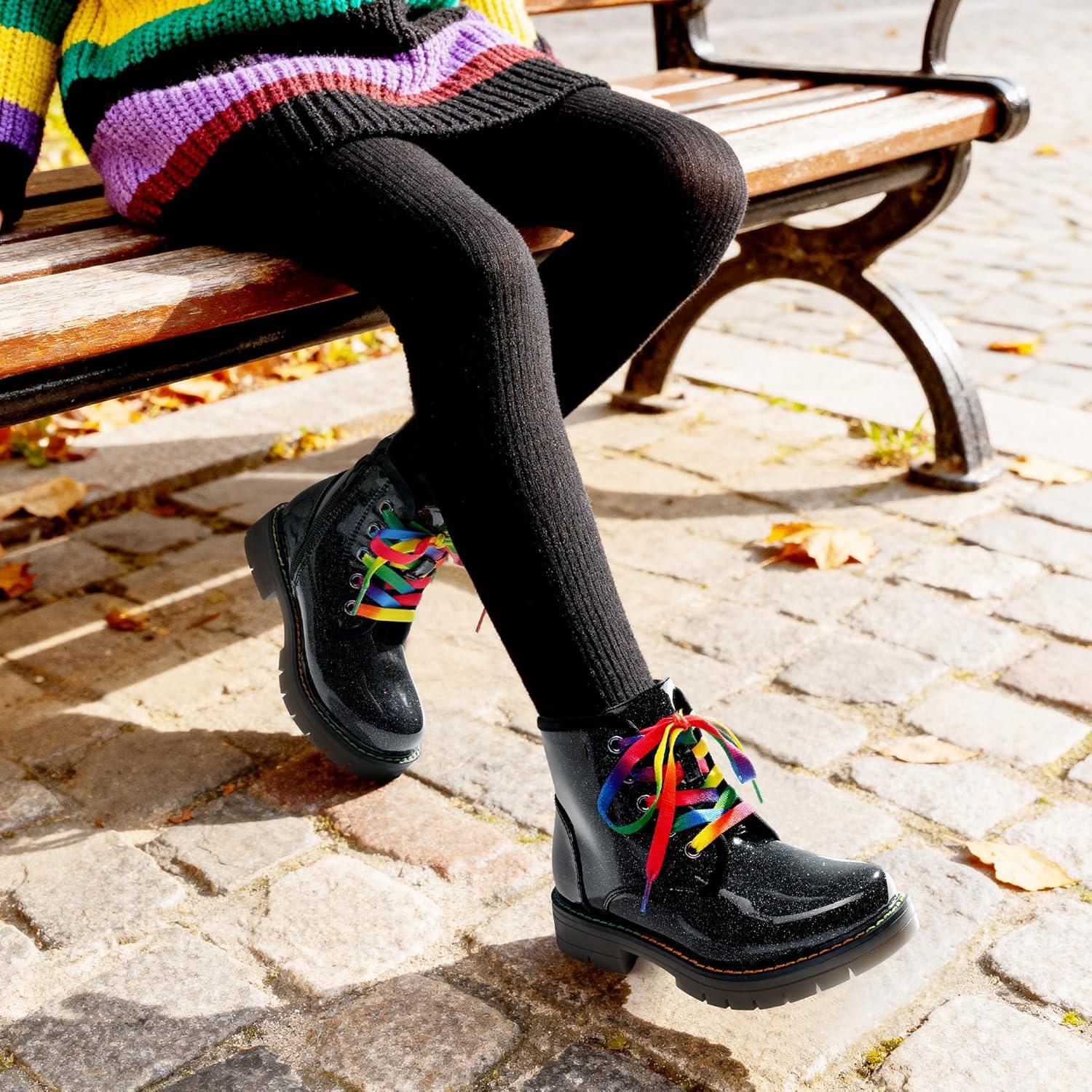 imageDREAM PAIRS Girls Boys Glitter Ankle Boots Side Zipper Combat Shoes with Lace Up for ToddlerLittle KidBig KidBlackPu