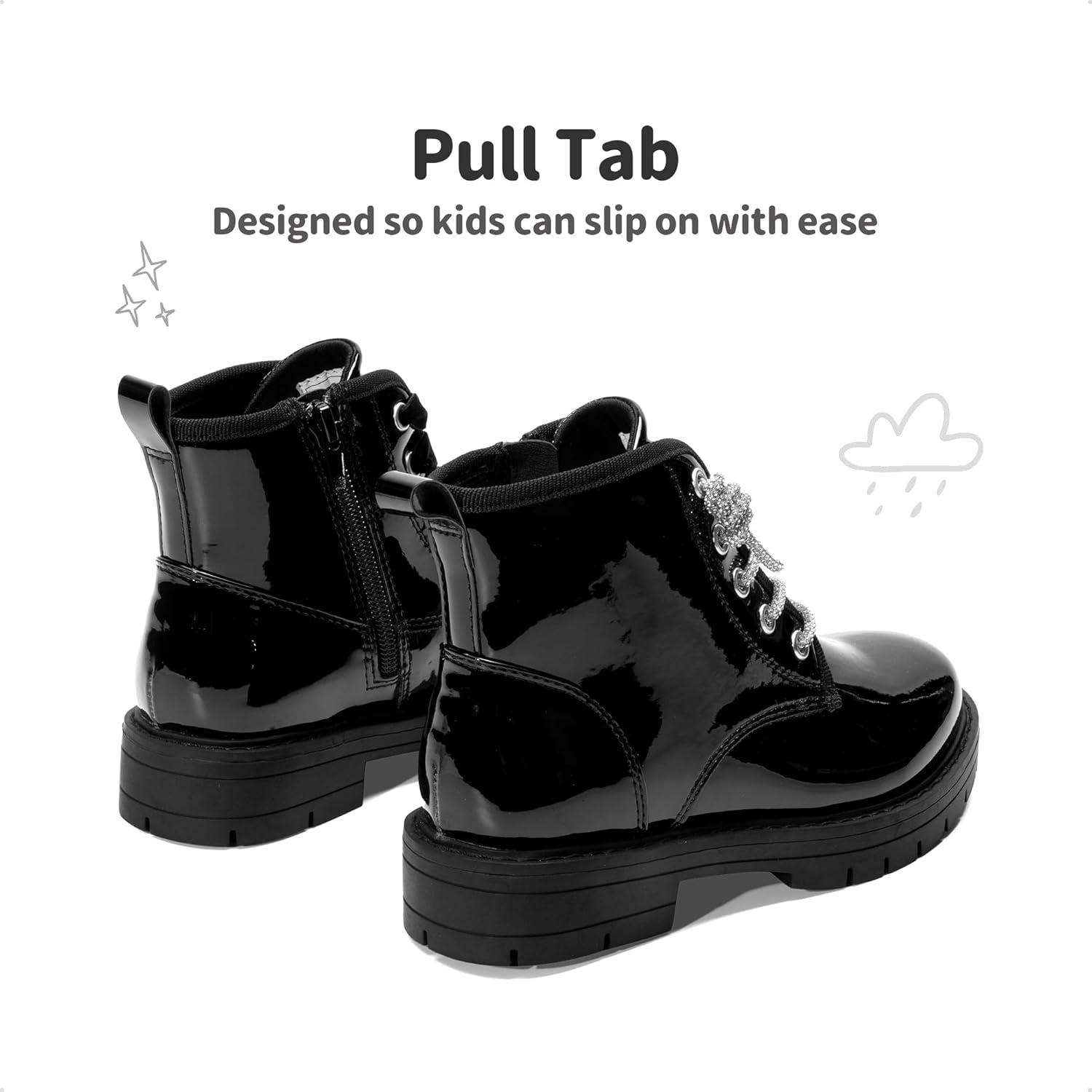 imageDREAM PAIRS Girls Boys Glitter Ankle Boots Side Zipper Combat Shoes with Lace Up for ToddlerLittle KidBig KidBlackpat
