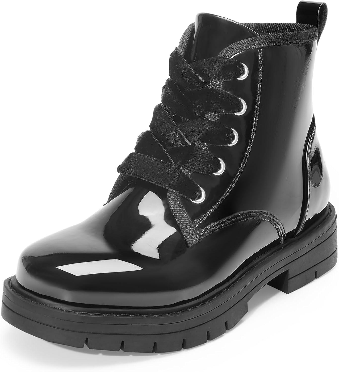 imageDREAM PAIRS Girls Boys Glitter Ankle Boots Side Zipper Combat Shoes with Lace Up for ToddlerLittle KidBig KidBlackpat