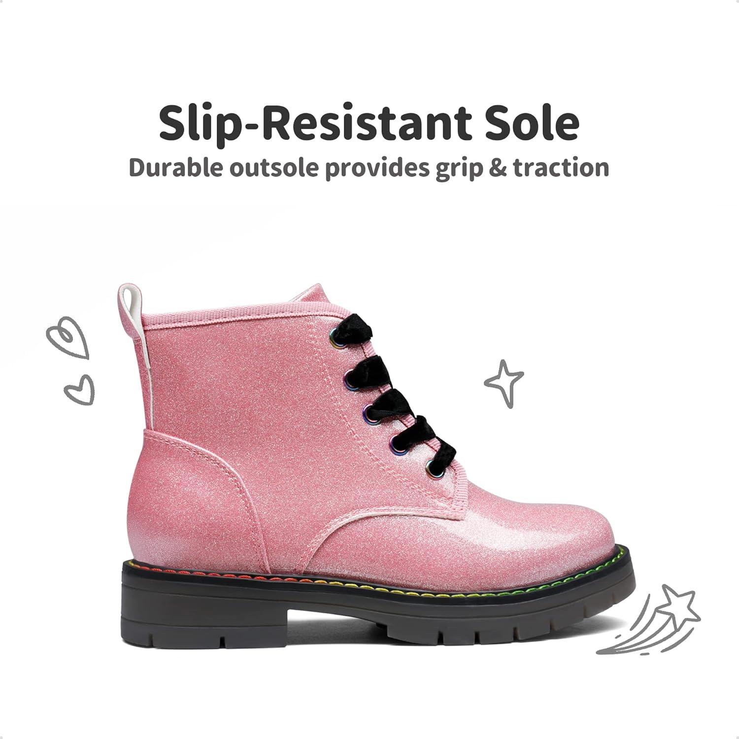 imageDREAM PAIRS Girls Boys Glitter Ankle Boots Side Zipper Combat Shoes with Lace Up for ToddlerLittle KidBig KidPinkPu