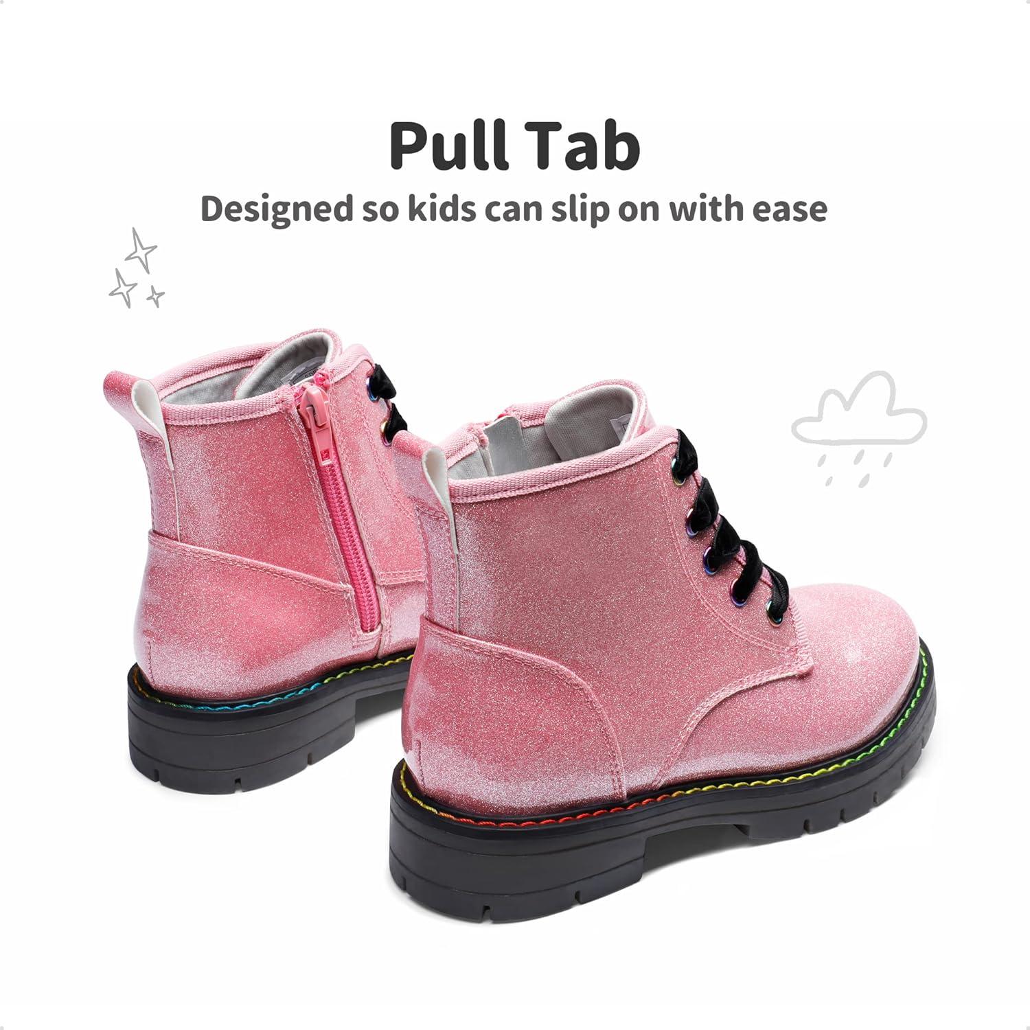 imageDREAM PAIRS Girls Boys Glitter Ankle Boots Side Zipper Combat Shoes with Lace Up for ToddlerLittle KidBig KidPinkPu