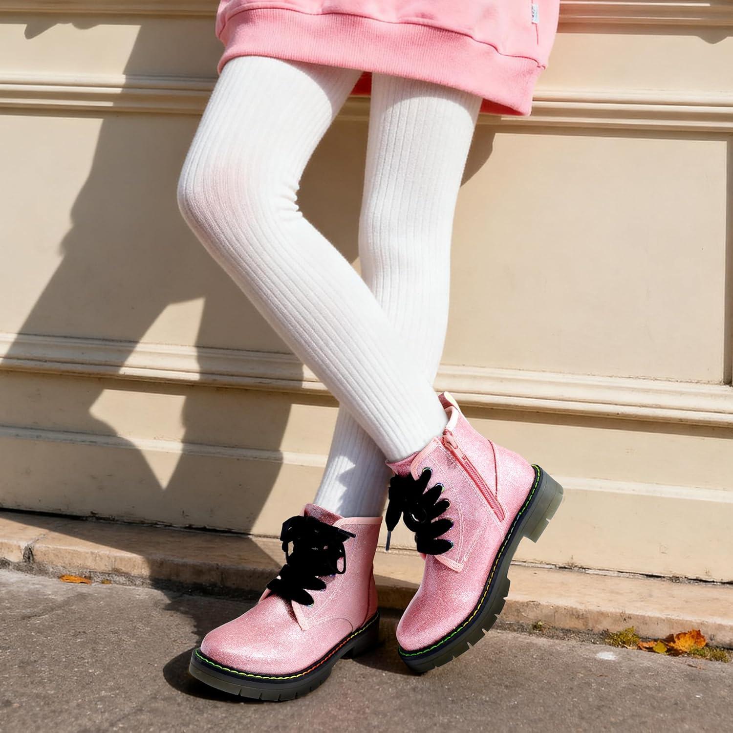 imageDREAM PAIRS Girls Boys Glitter Ankle Boots Side Zipper Combat Shoes with Lace Up for ToddlerLittle KidBig KidPinkPu