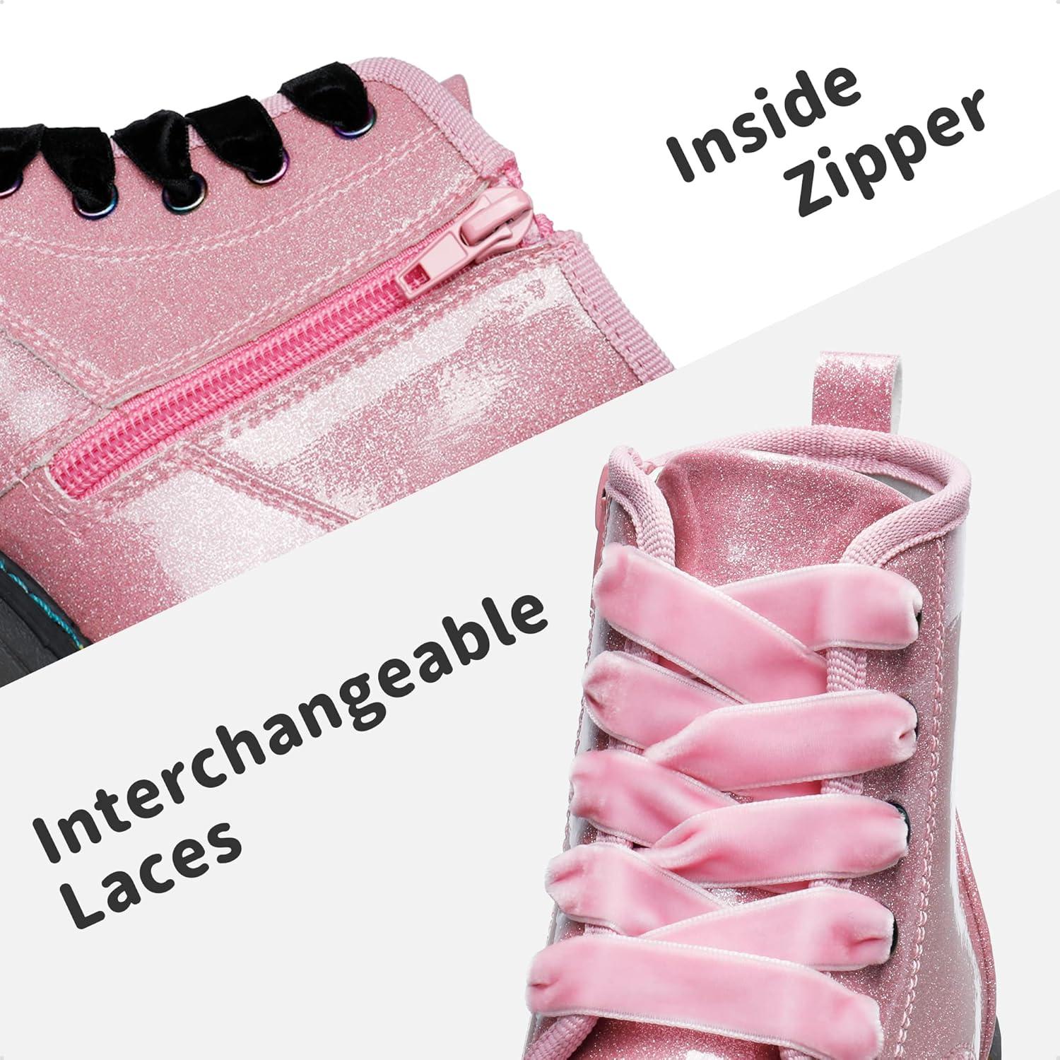 imageDREAM PAIRS Girls Boys Glitter Ankle Boots Side Zipper Combat Shoes with Lace Up for ToddlerLittle KidBig KidPinkPu