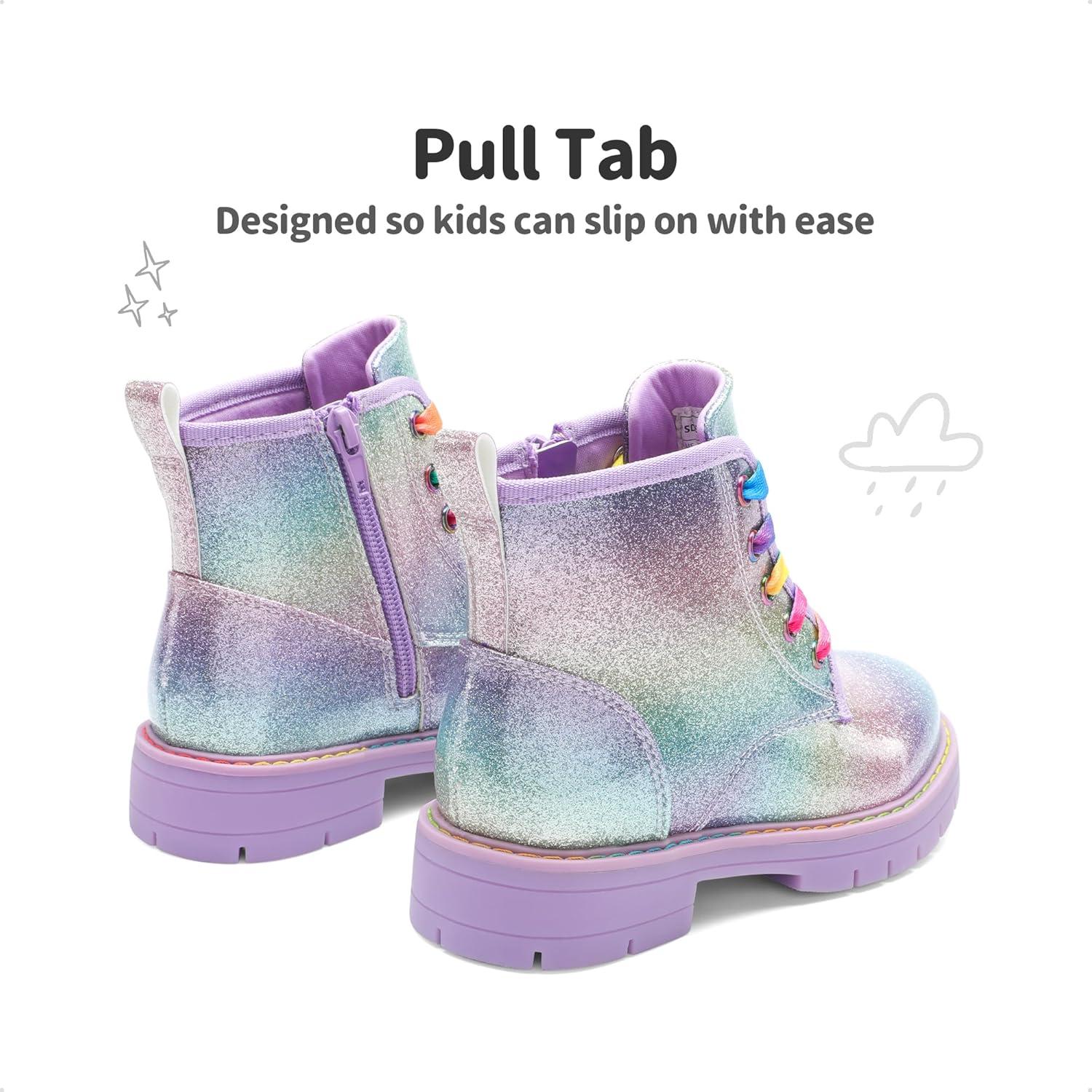imageDREAM PAIRS Girls Boys Glitter Ankle Boots Side Zipper Combat Shoes with Lace Up for ToddlerLittle KidBig KidRainbow
