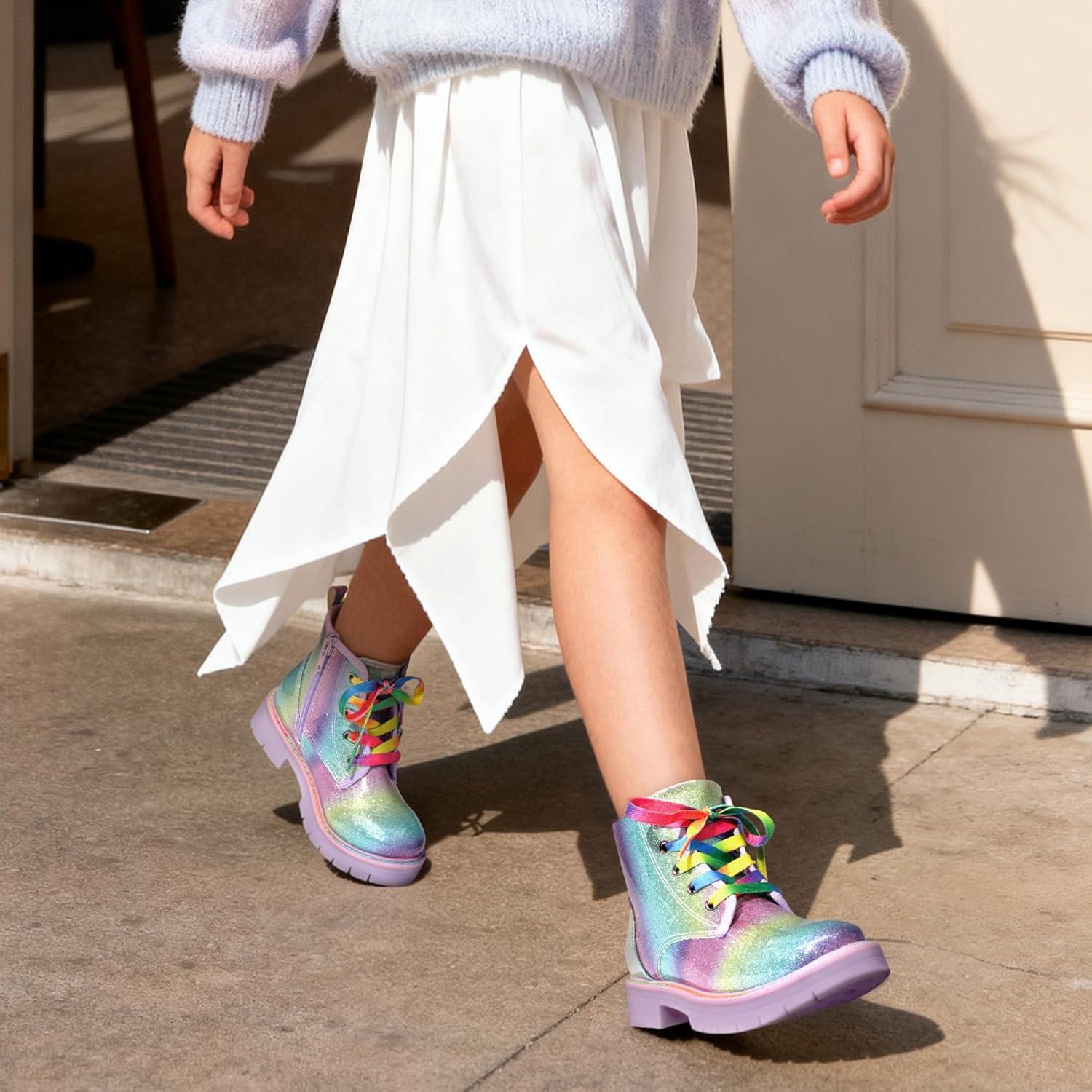 imageDREAM PAIRS Girls Boys Glitter Ankle Boots Side Zipper Combat Shoes with Lace Up for ToddlerLittle KidBig KidRainbow