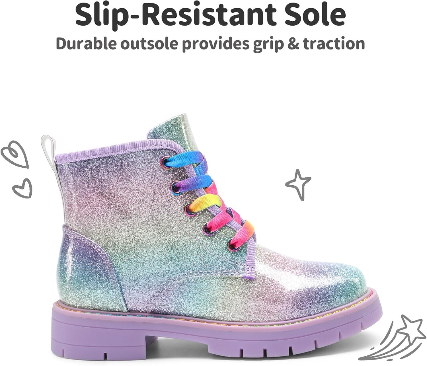 imageDREAM PAIRS Girls Boys Glitter Ankle Boots Side Zipper Combat Shoes with Lace Up for ToddlerLittle KidBig KidRainbow