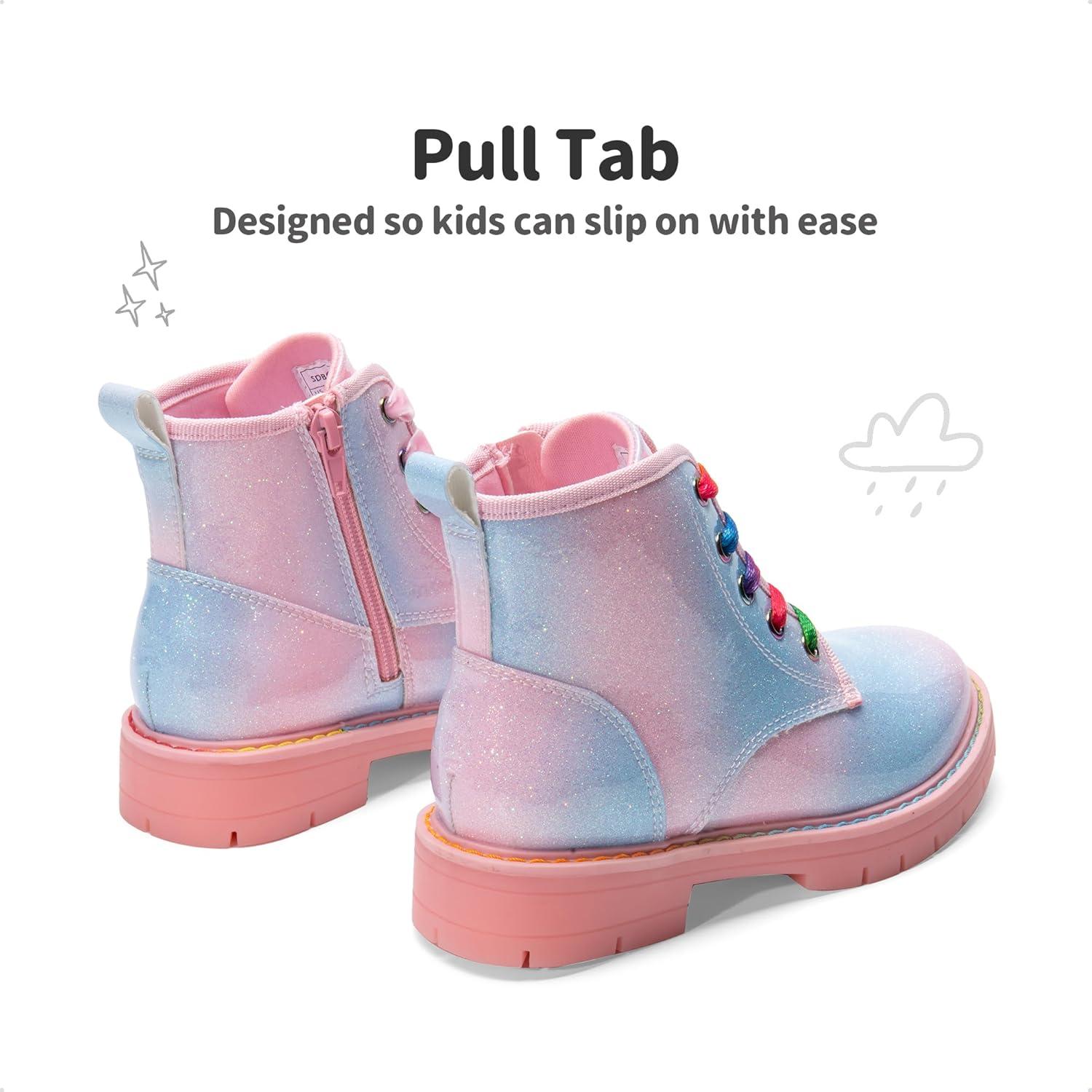 imageDREAM PAIRS Girls Boys Glitter Ankle Boots Side Zipper Combat Shoes with Lace Up for ToddlerLittle KidBig KidRainbowPink