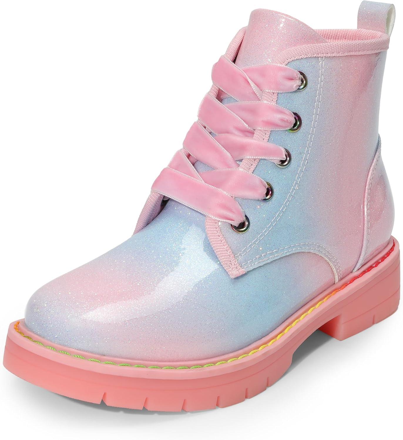 imageDREAM PAIRS Girls Boys Glitter Ankle Boots Side Zipper Combat Shoes with Lace Up for ToddlerLittle KidBig KidRainbowPink