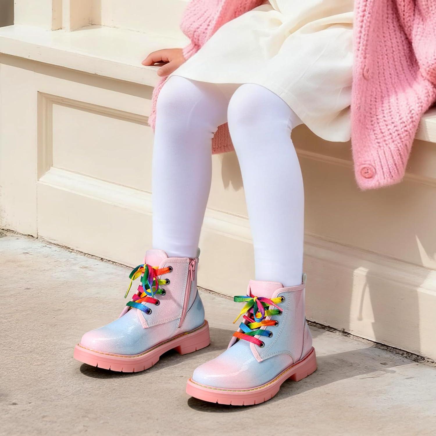 imageDREAM PAIRS Girls Boys Glitter Ankle Boots Side Zipper Combat Shoes with Lace Up for ToddlerLittle KidBig KidRainbowPink