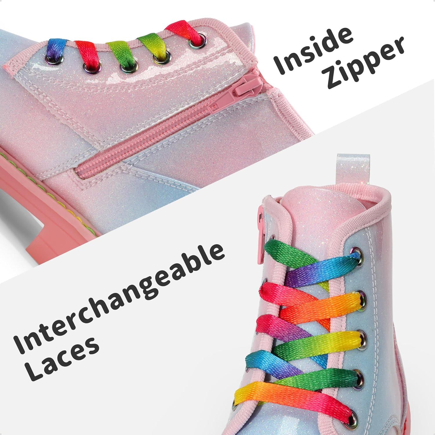 imageDREAM PAIRS Girls Boys Glitter Ankle Boots Side Zipper Combat Shoes with Lace Up for ToddlerLittle KidBig KidRainbowPink