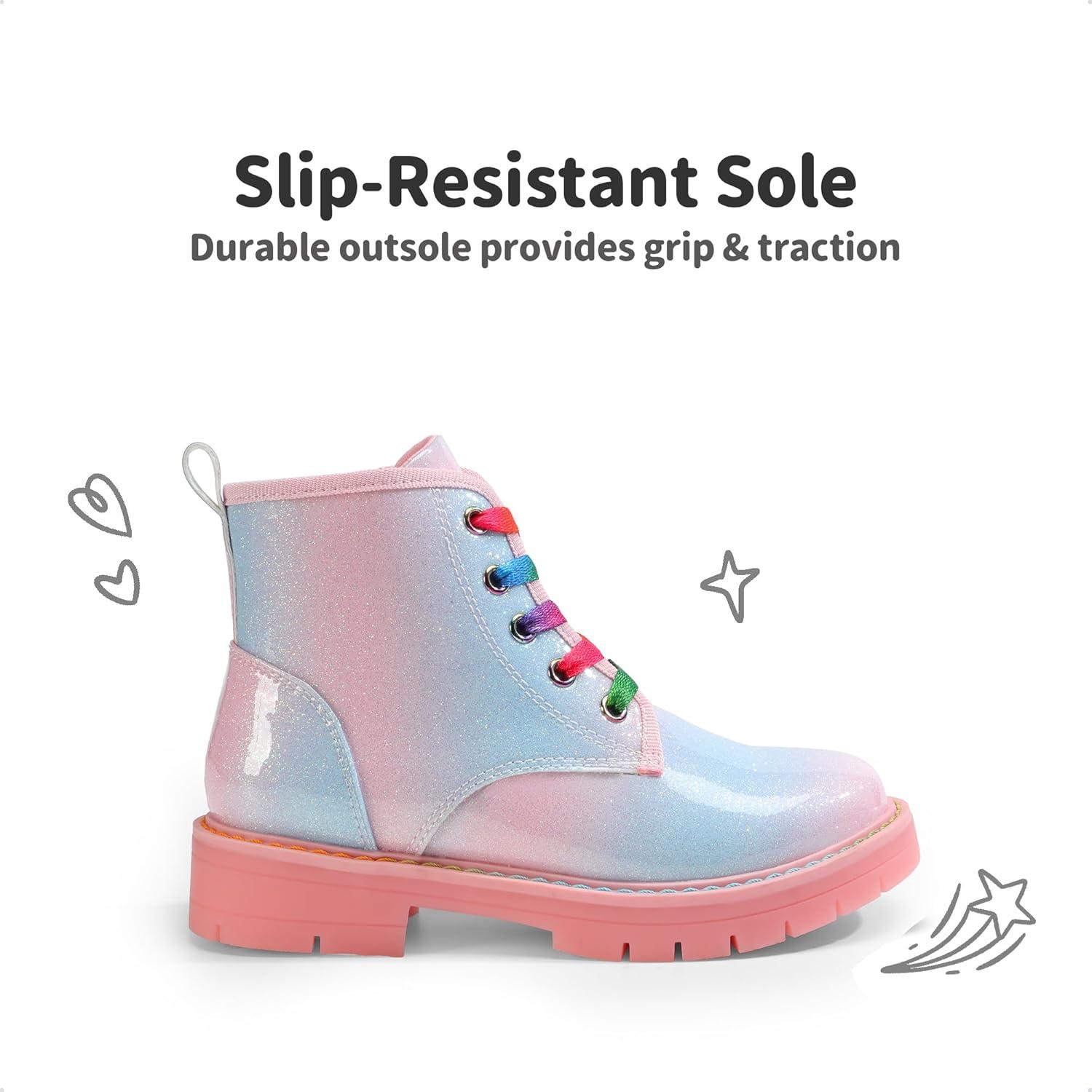 imageDREAM PAIRS Girls Boys Glitter Ankle Boots Side Zipper Combat Shoes with Lace Up for ToddlerLittle KidBig KidRainbowPink