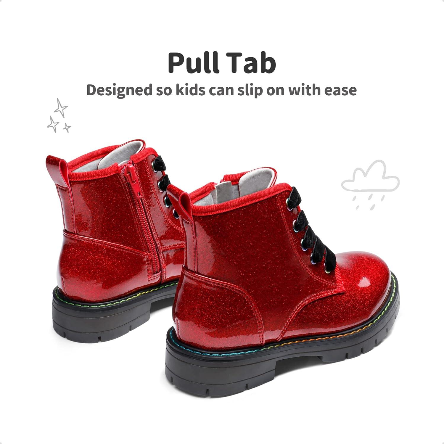 imageDREAM PAIRS Girls Boys Glitter Ankle Boots Side Zipper Combat Shoes with Lace Up for ToddlerLittle KidBig KidRedPu