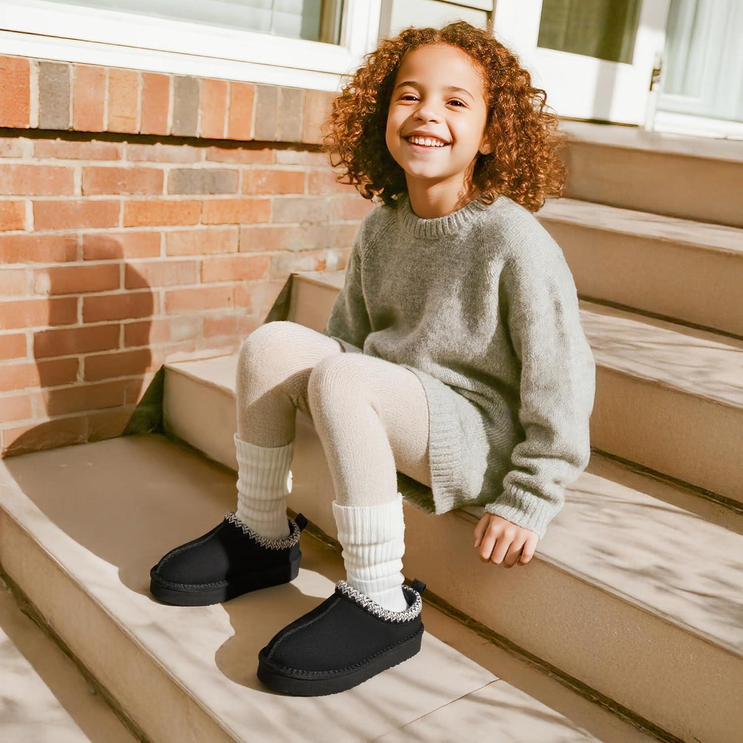 imageDREAM PAIRS Girls Boys Slippers Kids House Fuzzy Platform Indoor Outdoor Kids Slip on Slipper for Little Kid Big KidBlack