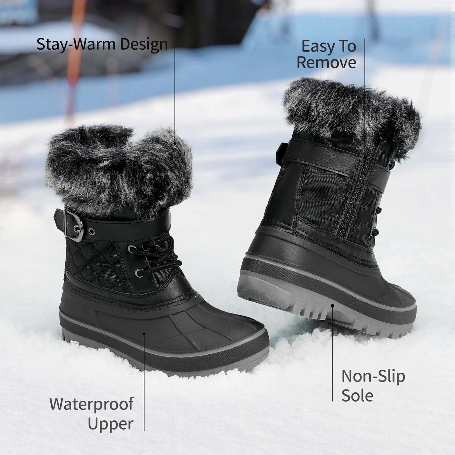 imageDREAM PAIRS Girls Boys Snow Boots WaterResistant Outdoor Warm Cozy AntiSlip Mid Calf Faux Fur Lining Winter Shoes for LittleBig KidsBlack