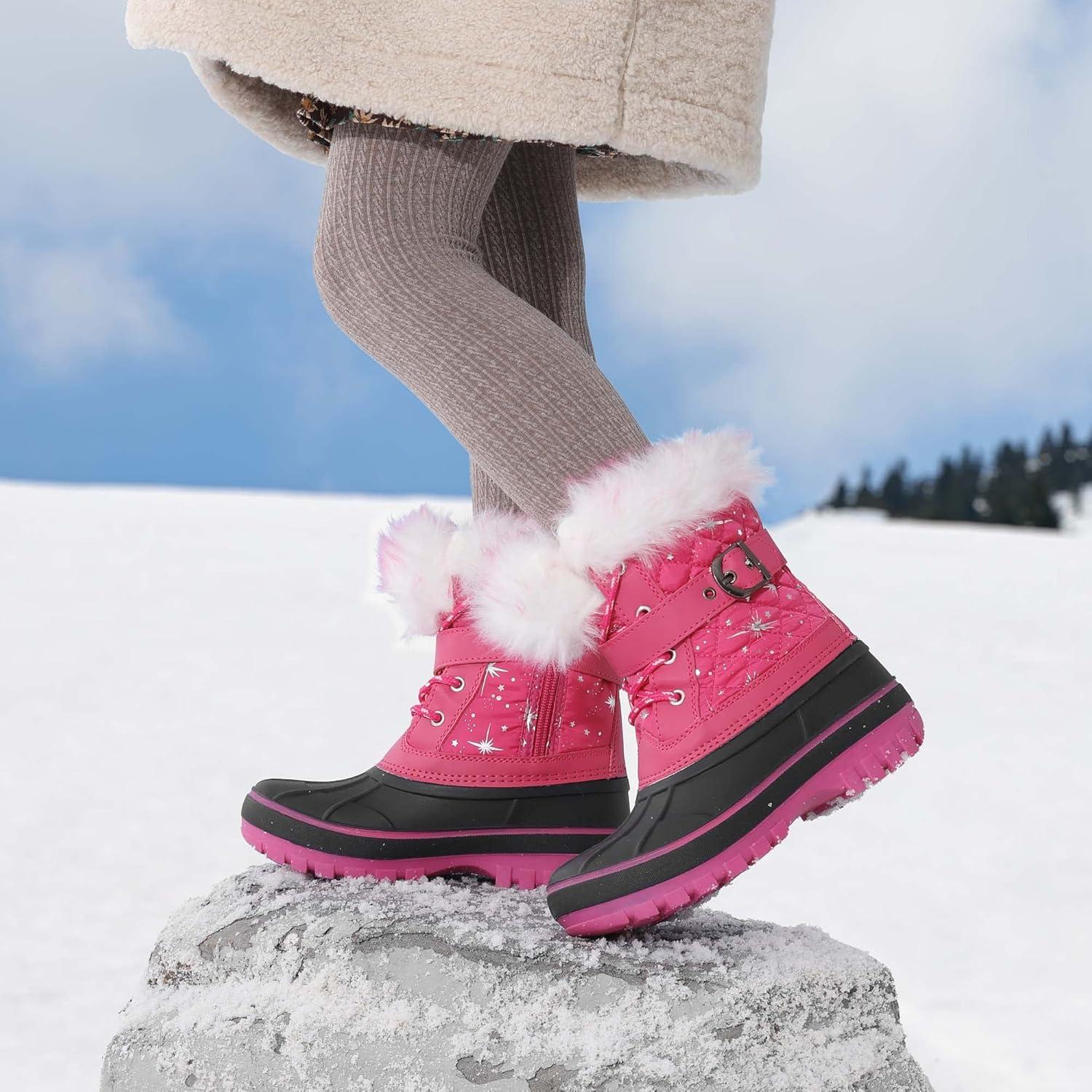 imageDREAM PAIRS Girls Boys Snow Boots WaterResistant Outdoor Warm Cozy AntiSlip Mid Calf Faux Fur Lining Winter Shoes for LittleBig KidsFuchsia