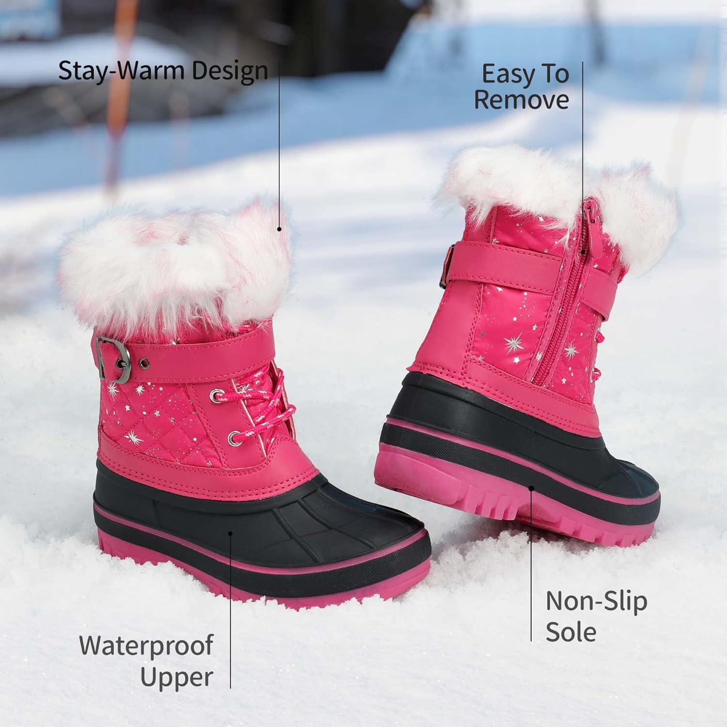 imageDREAM PAIRS Girls Boys Snow Boots WaterResistant Outdoor Warm Cozy AntiSlip Mid Calf Faux Fur Lining Winter Shoes for LittleBig KidsFuchsia