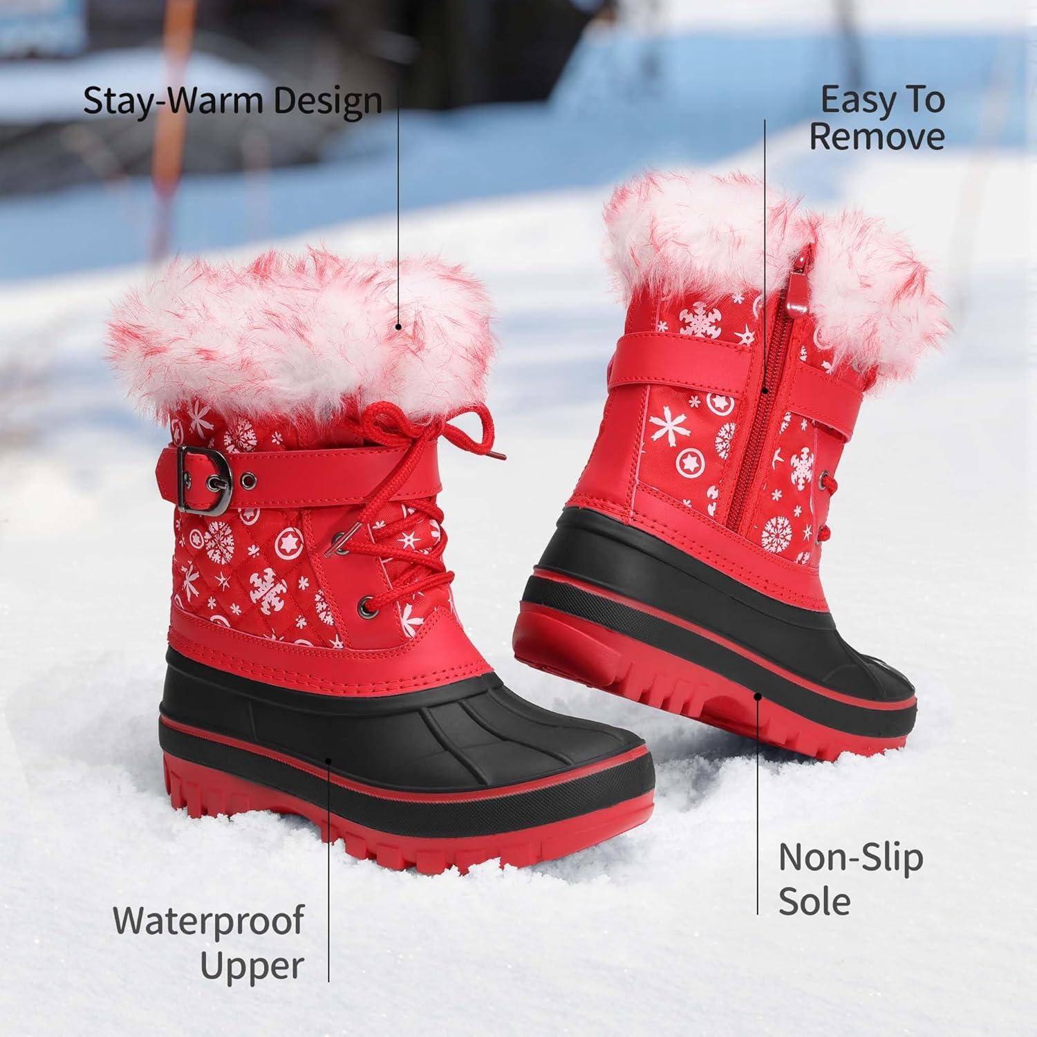 imageDREAM PAIRS Girls Boys Snow Boots WaterResistant Outdoor Warm Cozy AntiSlip Mid Calf Faux Fur Lining Winter Shoes for LittleBig KidsRedBlack