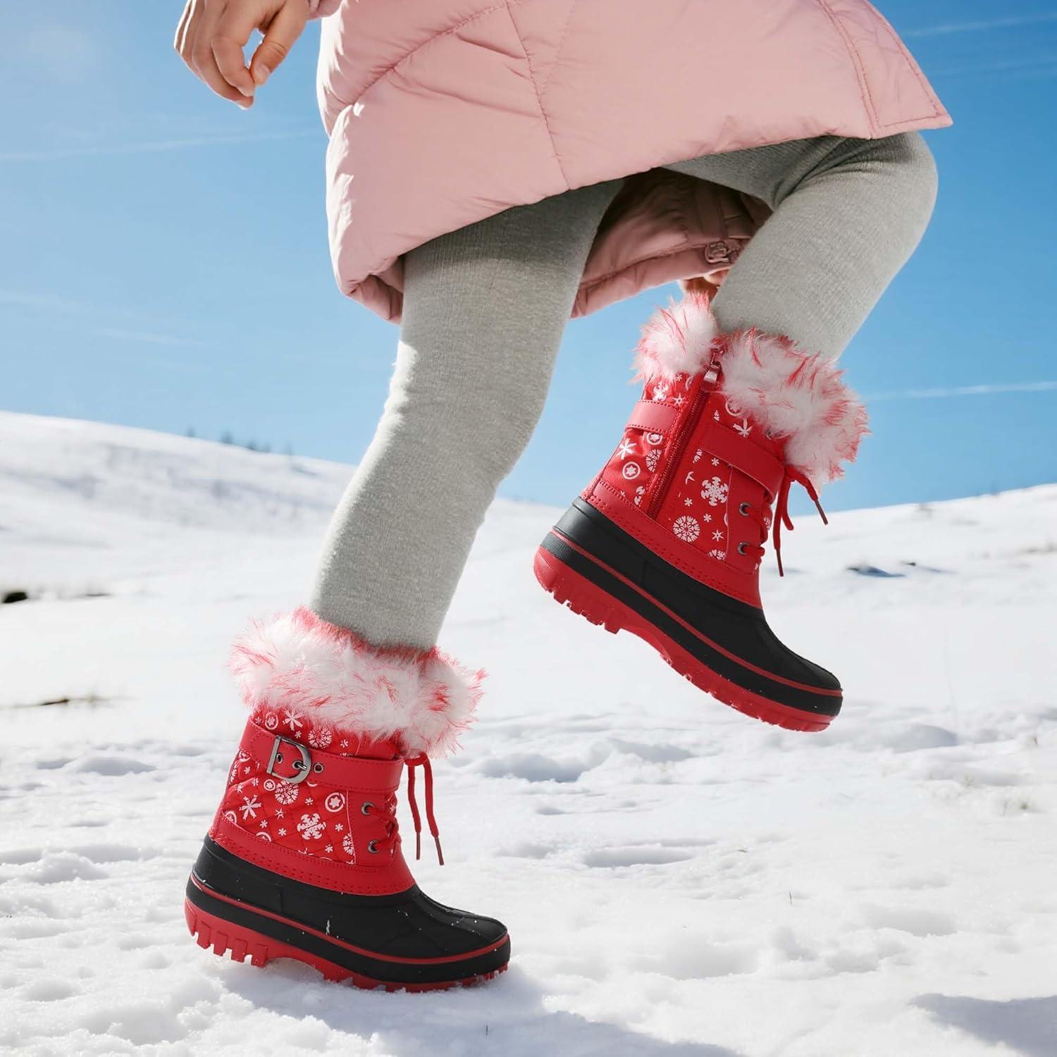imageDREAM PAIRS Girls Boys Snow Boots WaterResistant Outdoor Warm Cozy AntiSlip Mid Calf Faux Fur Lining Winter Shoes for LittleBig KidsRedBlack