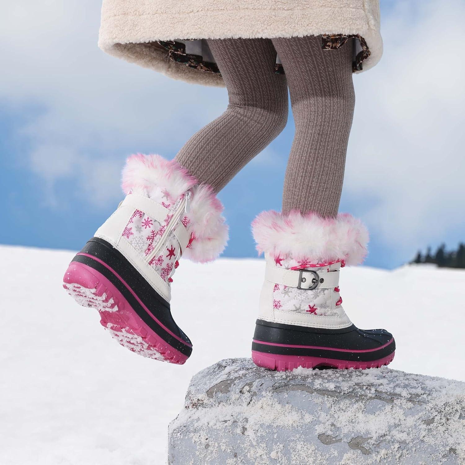 imageDREAM PAIRS Girls Boys Snow Boots WaterResistant Outdoor Warm Cozy AntiSlip Mid Calf Faux Fur Lining Winter Shoes for LittleBig KidsWhiteFuchsia