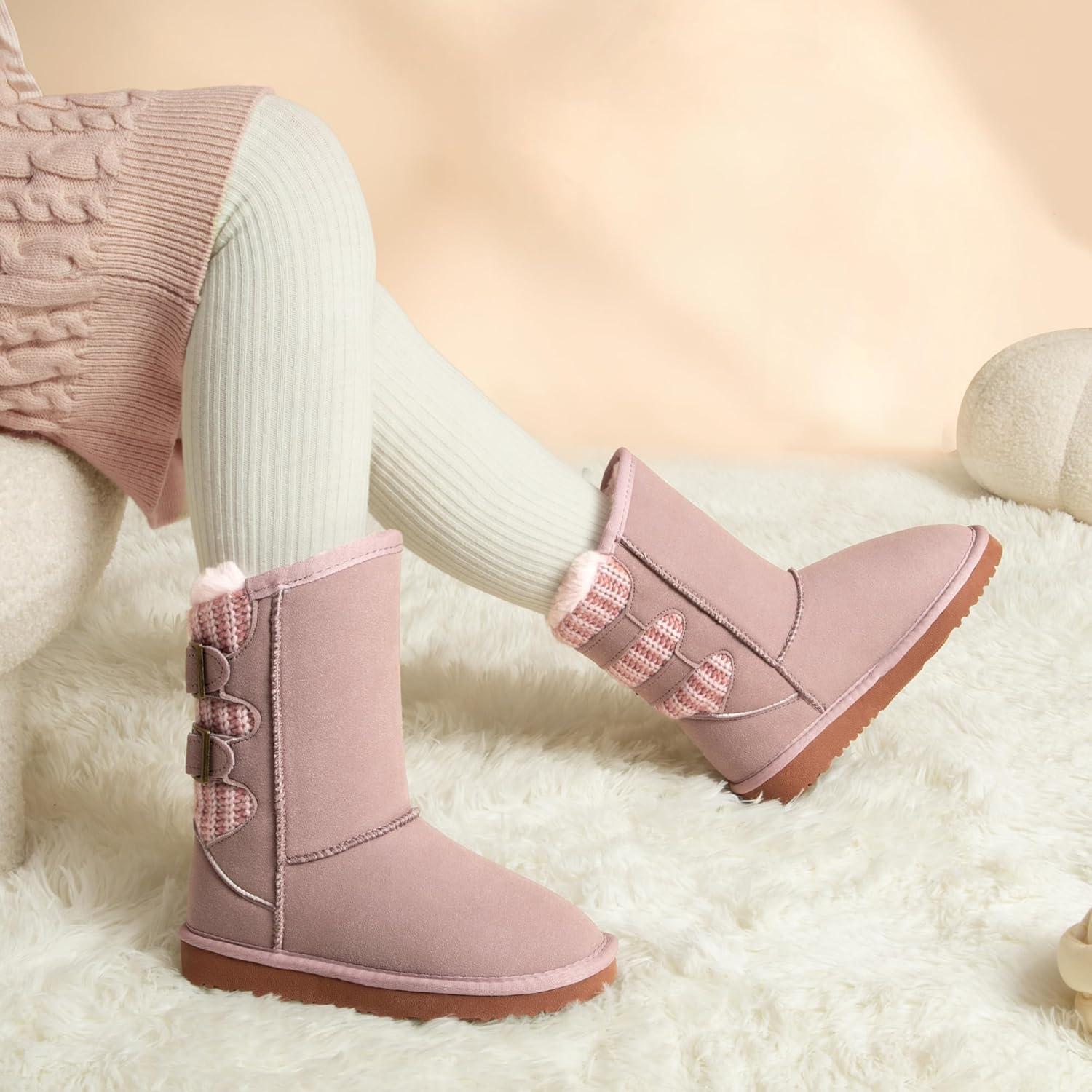 imageDREAM PAIRS Girls Boys Winter Boots Faux Fur Lined Mid Calf Kids Snow Tall Shoes FuzzyChic Kids Buckle for Little KidBig KidAll Pink
