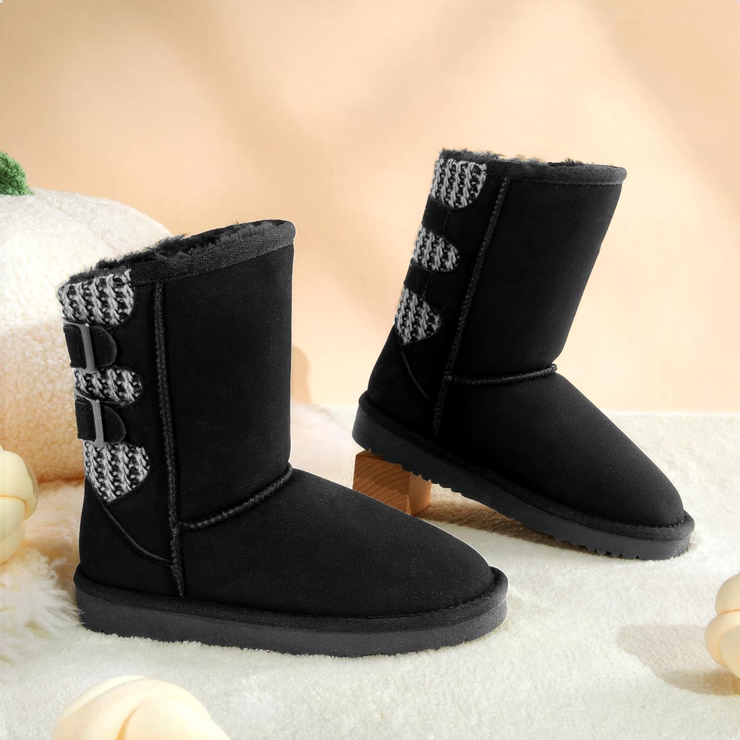 imageDREAM PAIRS Girls Boys Winter Boots Faux Fur Lined Mid Calf Kids Snow Tall Shoes FuzzyChic Kids Buckle for Little KidBig KidBlackGrey