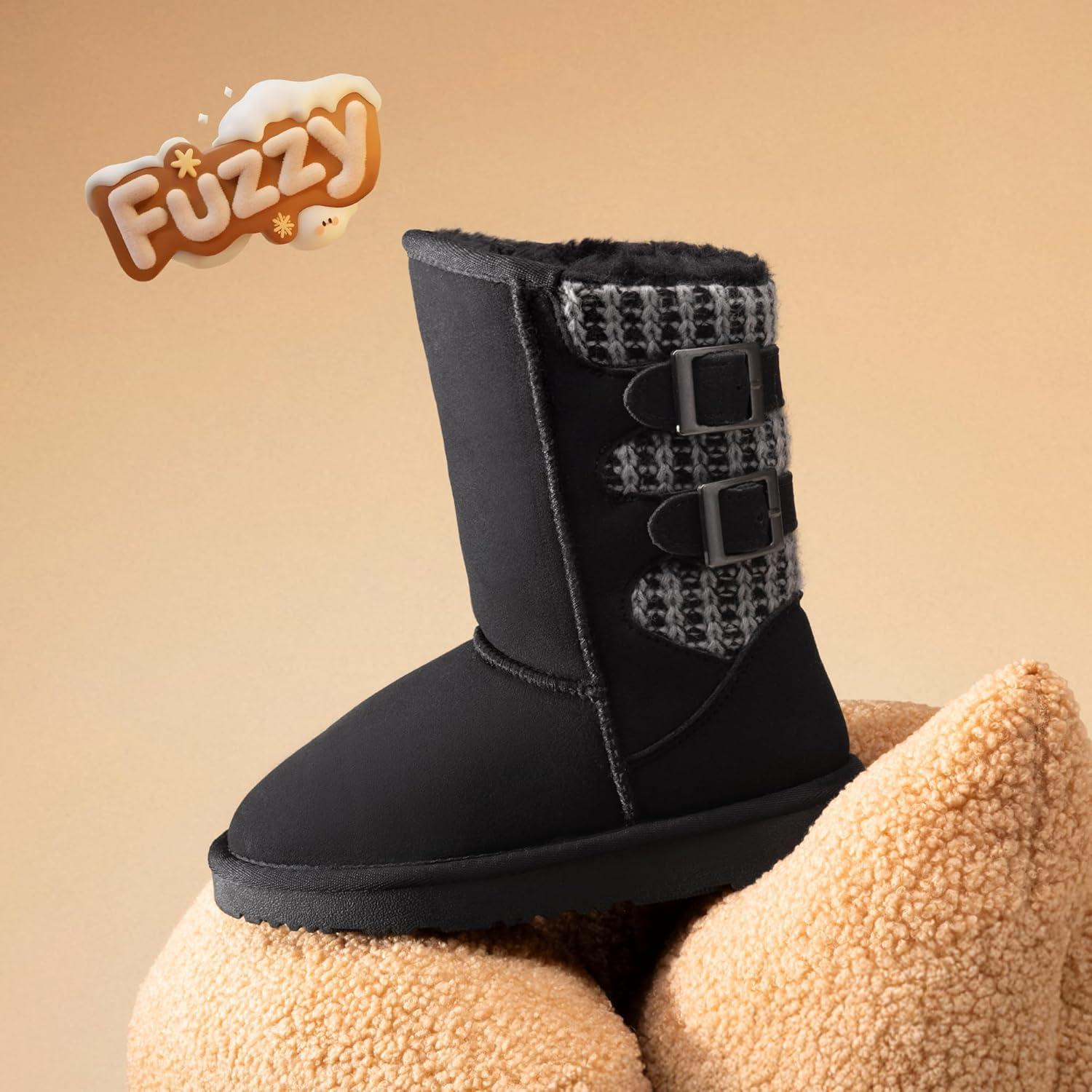 imageDREAM PAIRS Girls Boys Winter Boots Faux Fur Lined Mid Calf Kids Snow Tall Shoes FuzzyChic Kids Buckle for Little KidBig KidBlackGrey