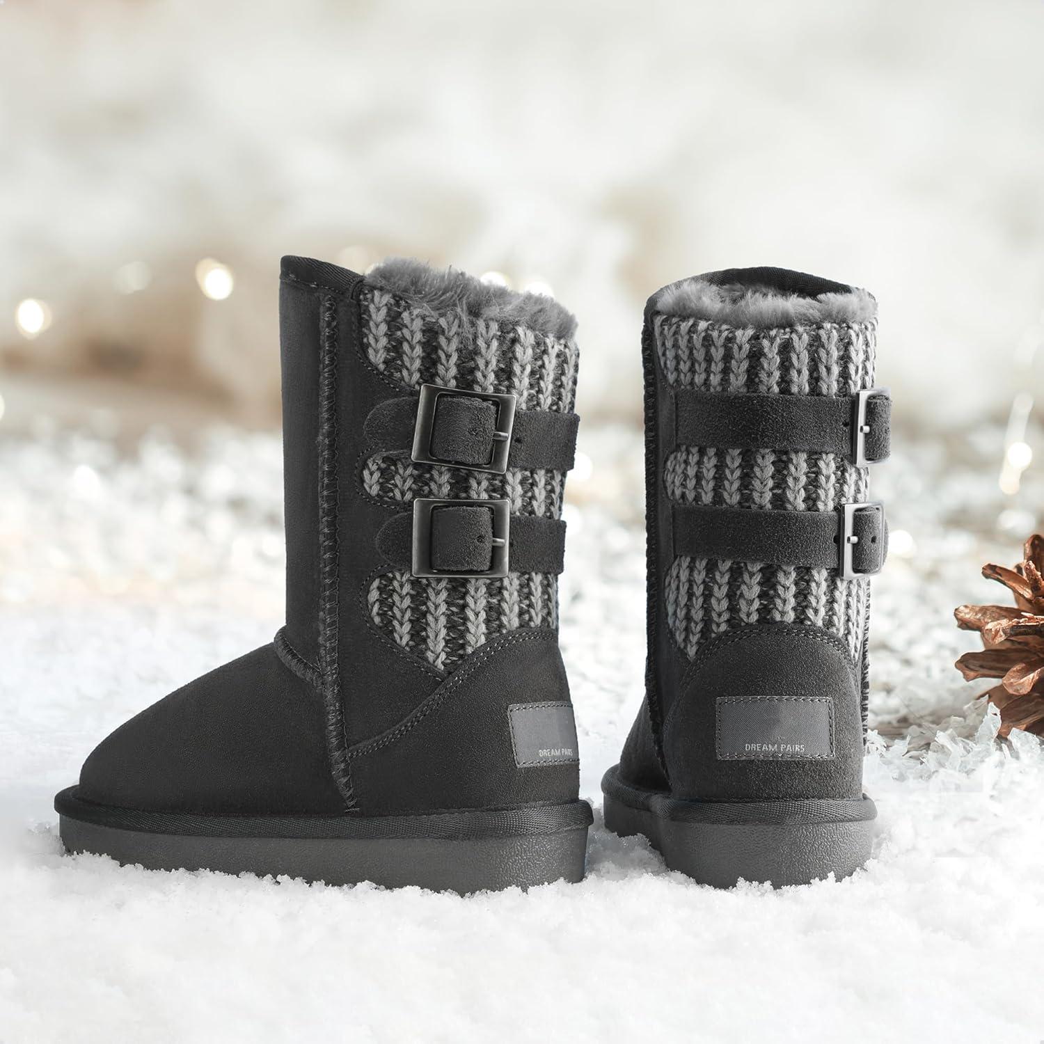 imageDREAM PAIRS Girls Boys Winter Boots Faux Fur Lined Mid Calf Kids Snow Tall Shoes FuzzyChic Kids Buckle for Little KidBig KidGrey