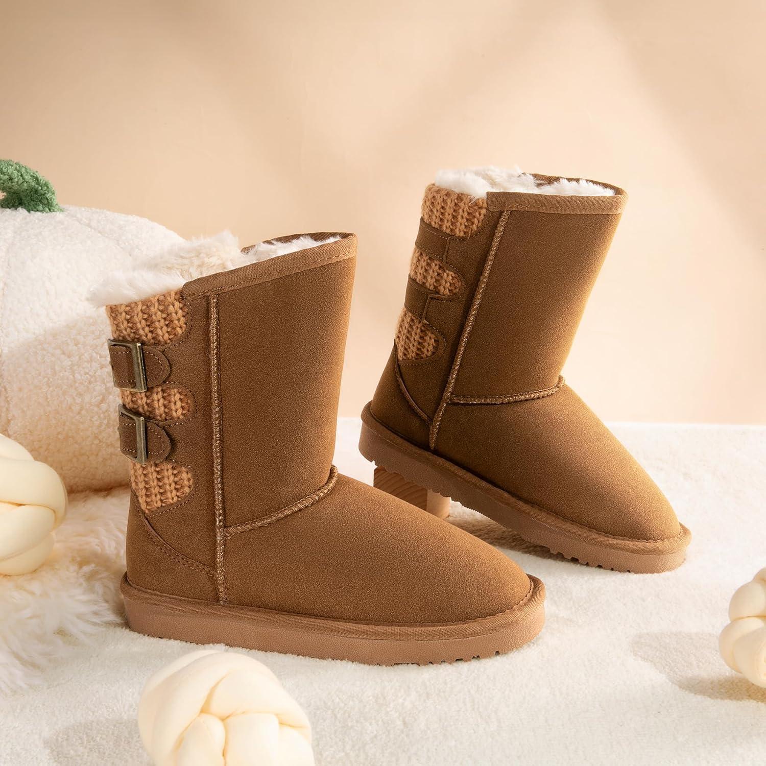 imageDREAM PAIRS Girls Boys Winter Boots Faux Fur Lined Mid Calf Kids Snow Tall Shoes FuzzyChic Kids Buckle for Little KidBig KidLight Brown