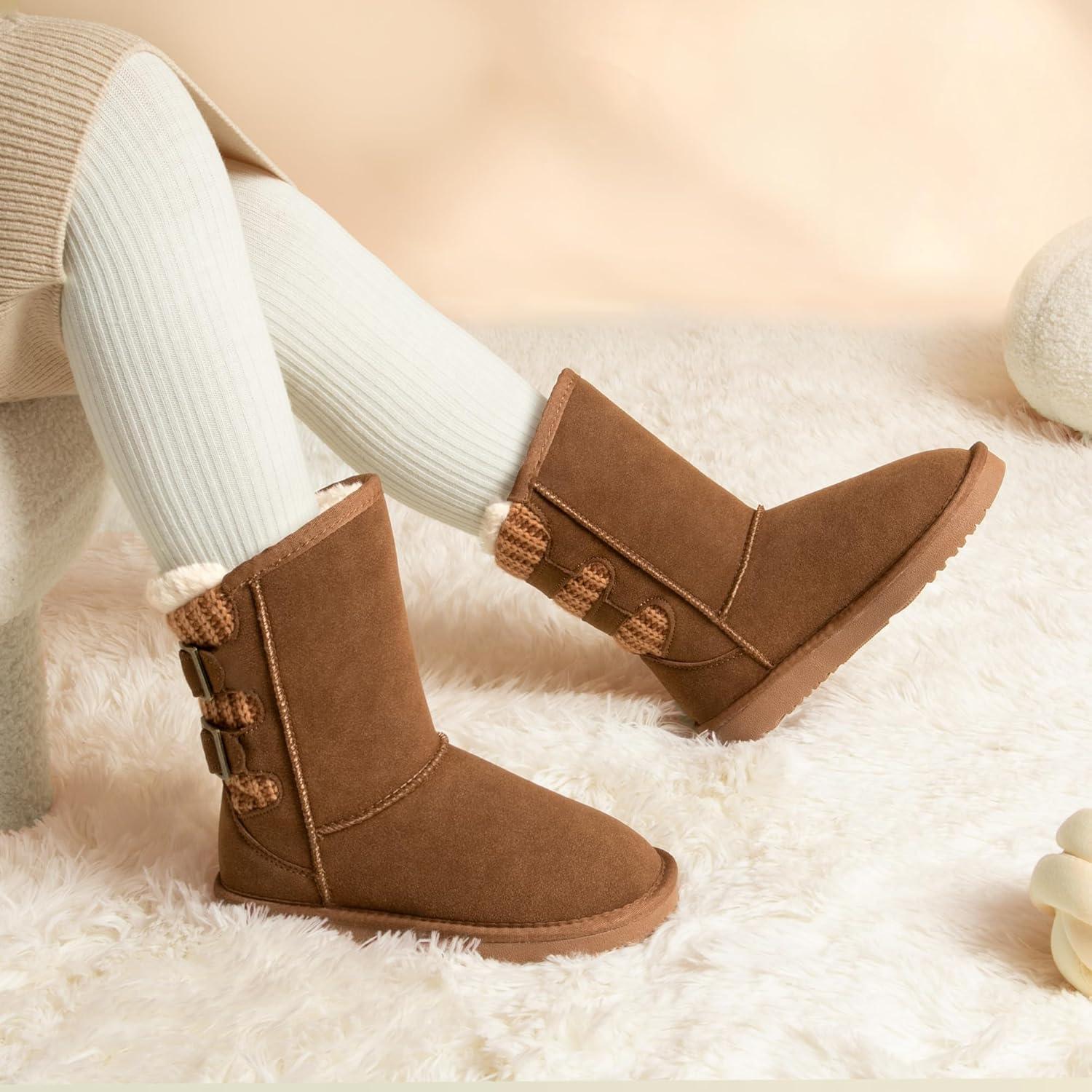 imageDREAM PAIRS Girls Boys Winter Boots Faux Fur Lined Mid Calf Kids Snow Tall Shoes FuzzyChic Kids Buckle for Little KidBig KidLight Brown