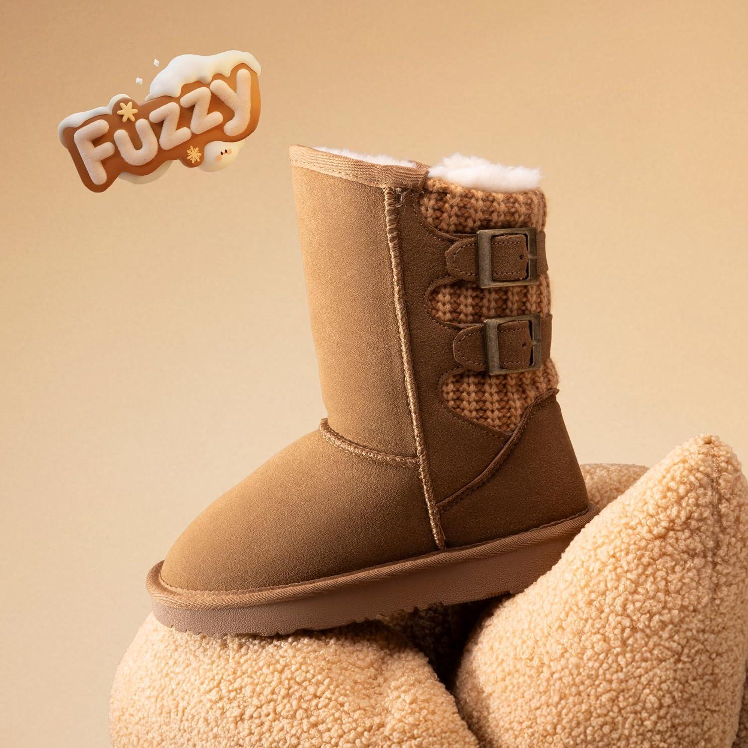 imageDREAM PAIRS Girls Boys Winter Boots Faux Fur Lined Mid Calf Kids Snow Tall Shoes FuzzyChic Kids Buckle for Little KidBig KidLight Brown