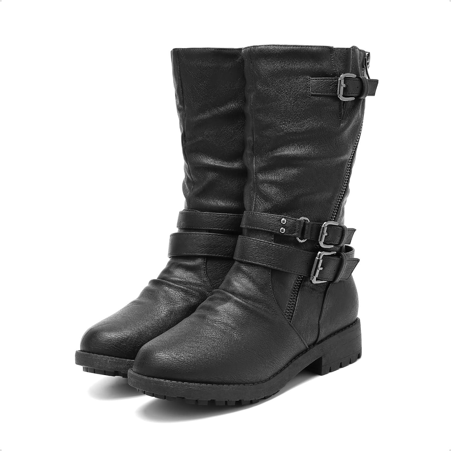 imageDREAM PAIRS Girls Buckle Zipper Knee High Winter BootsBlack