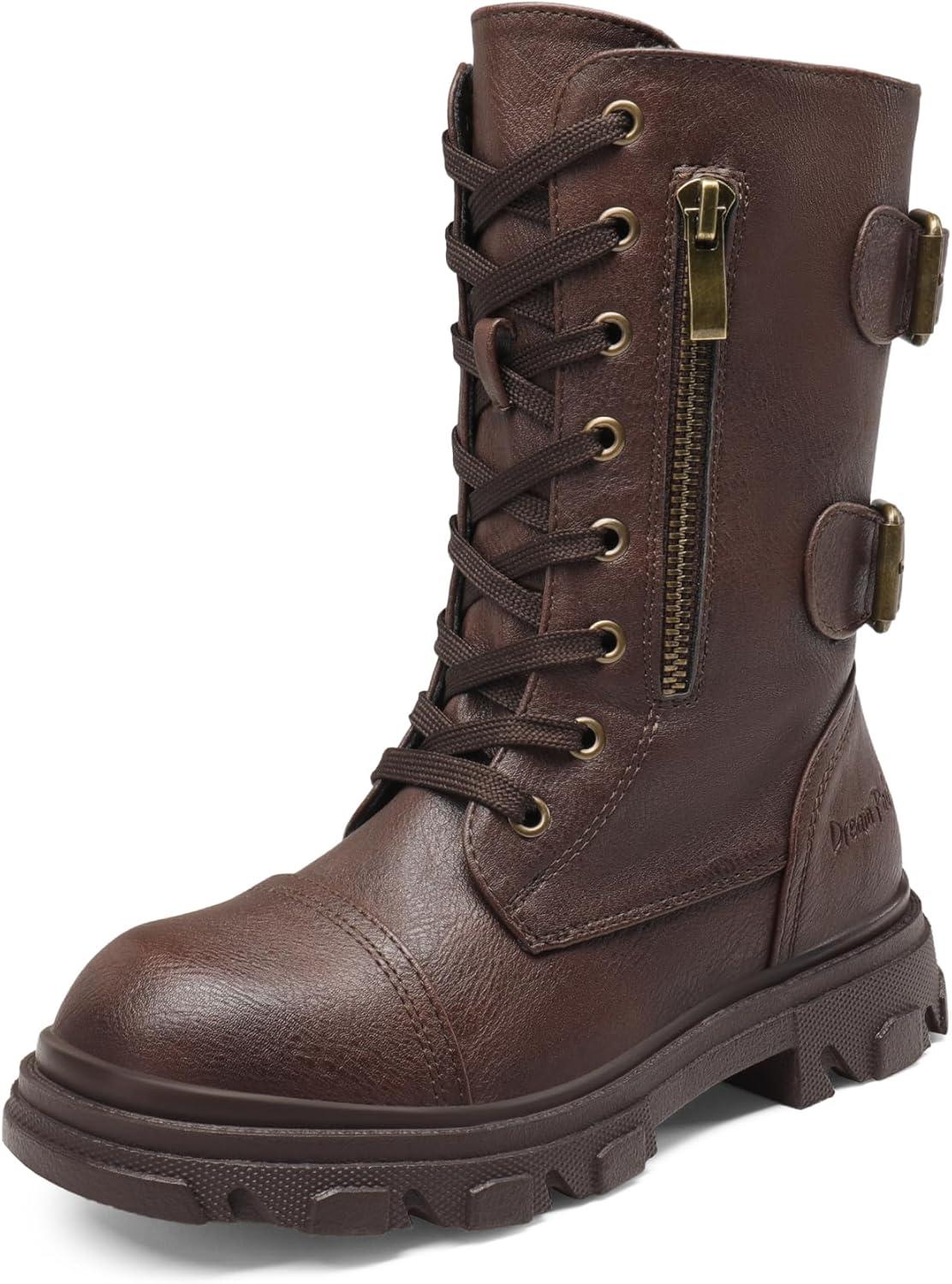 imageDREAM PAIRS Girls Combat Boots Side Zipper Ankle Booties ToddlerLittle KidBig KidBrown