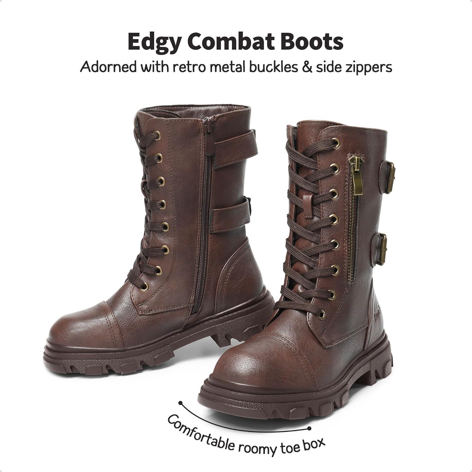 imageDREAM PAIRS Girls Combat Boots Side Zipper Ankle Booties ToddlerLittle KidBig KidBrown
