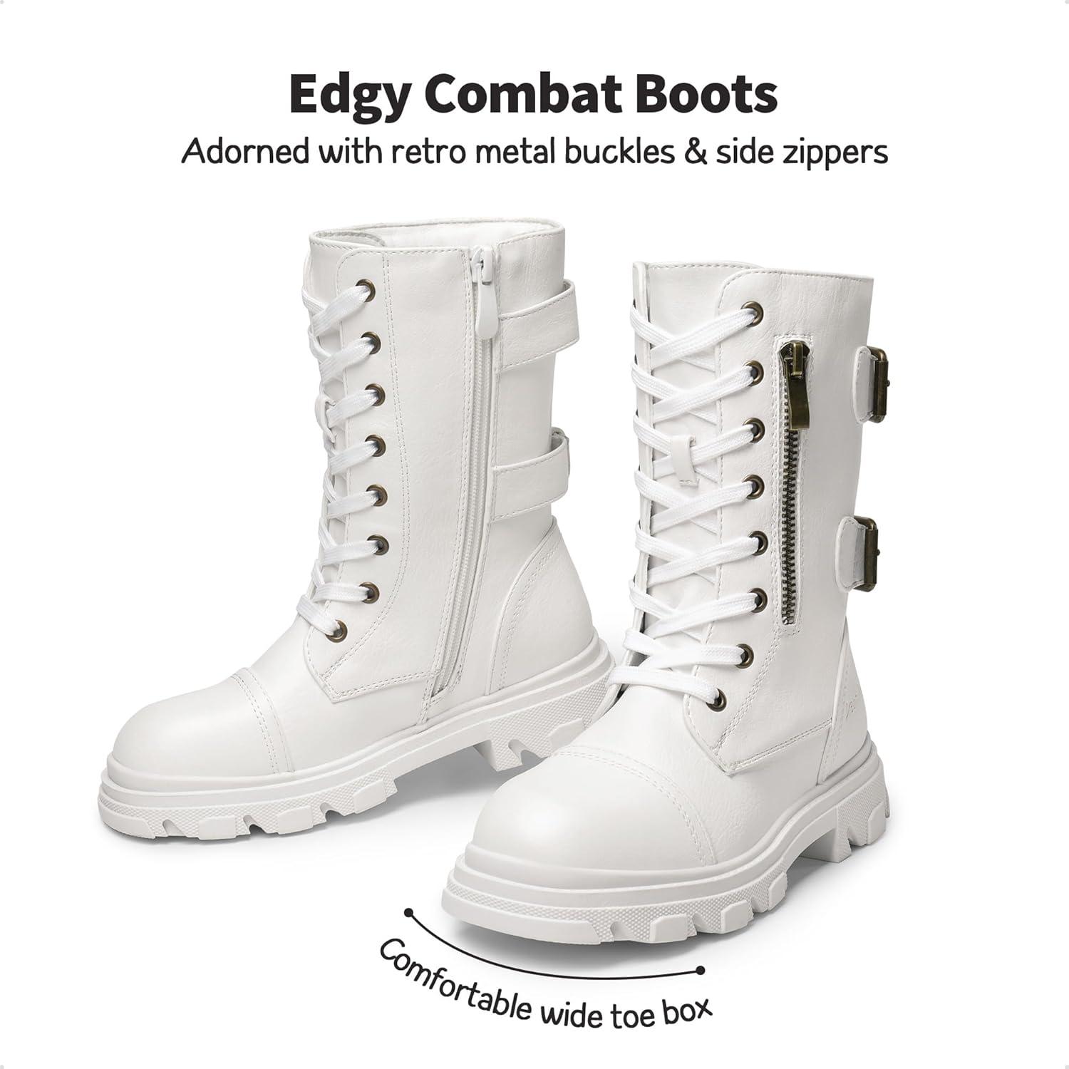 imageDREAM PAIRS Girls Combat Boots Side Zipper Ankle Booties ToddlerLittle KidBig KidWhite