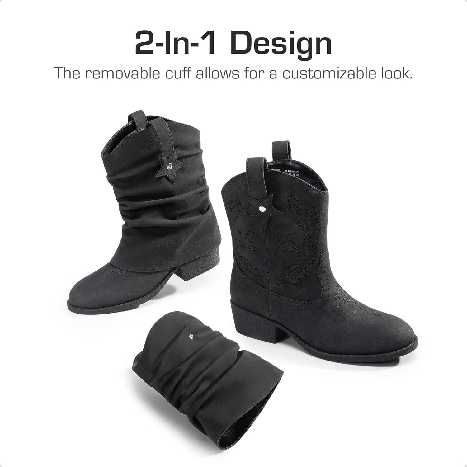 imageDREAM PAIRS Girls Cowboy Cowgirl Boots 2in1 Western Removable Cuff Fold Over Embroidered Fashion Mid Calf ShoesBlack