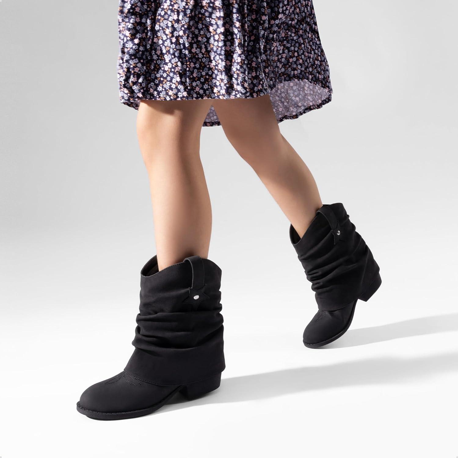 imageDREAM PAIRS Girls Cowboy Cowgirl Boots 2in1 Western Removable Cuff Fold Over Embroidered Fashion Mid Calf ShoesBlack