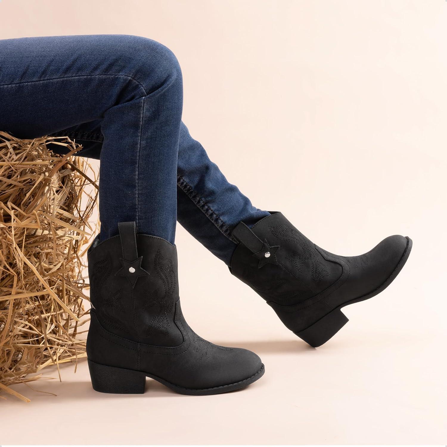 imageDREAM PAIRS Girls Cowboy Cowgirl Boots 2in1 Western Removable Cuff Fold Over Embroidered Fashion Mid Calf ShoesBlack