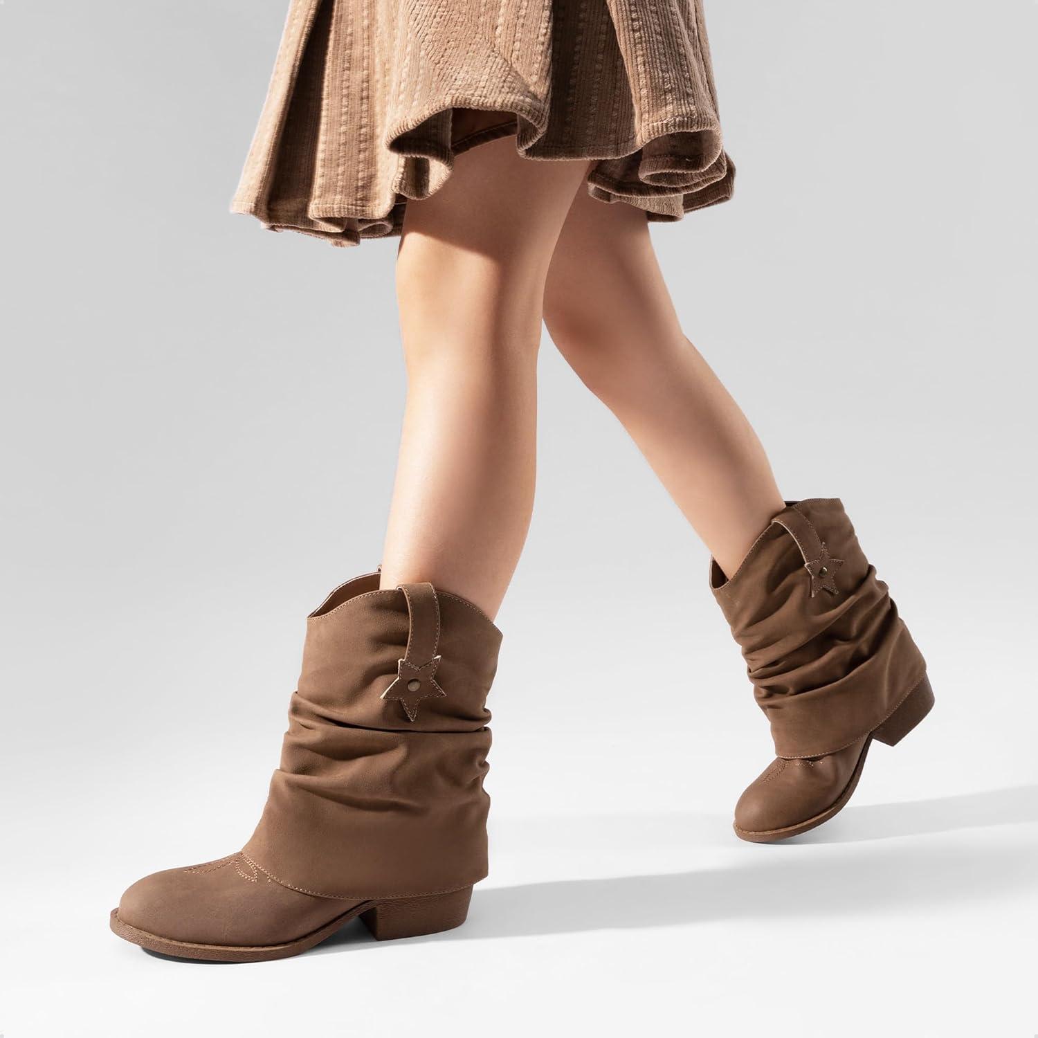 imageDREAM PAIRS Girls Cowboy Cowgirl Boots 2in1 Western Removable Cuff Fold Over Embroidered Fashion Mid Calf ShoesCamel