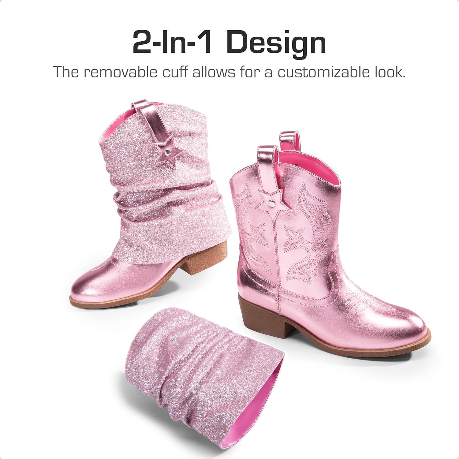 imageDREAM PAIRS Girls Cowboy Cowgirl Boots 2in1 Western Removable Cuff Fold Over Embroidered Fashion Mid Calf ShoesPink