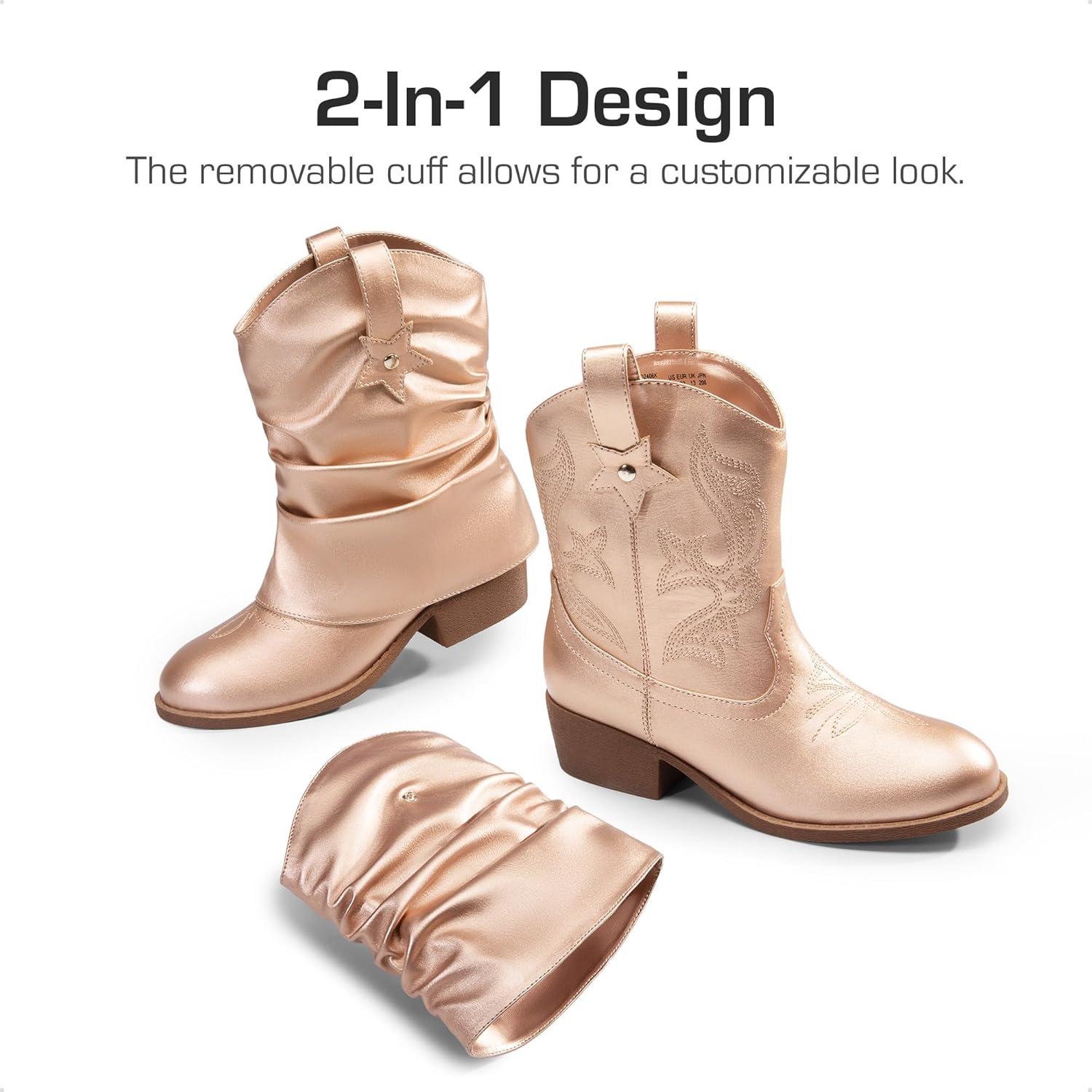 imageDREAM PAIRS Girls Cowboy Cowgirl Boots 2in1 Western Removable Cuff Fold Over Embroidered Fashion Mid Calf ShoesRose Gold