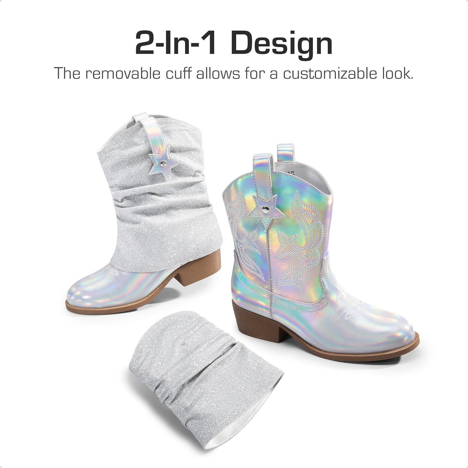 imageDREAM PAIRS Girls Cowboy Cowgirl Boots 2in1 Western Removable Cuff Fold Over Embroidered Fashion Mid Calf ShoesSilver